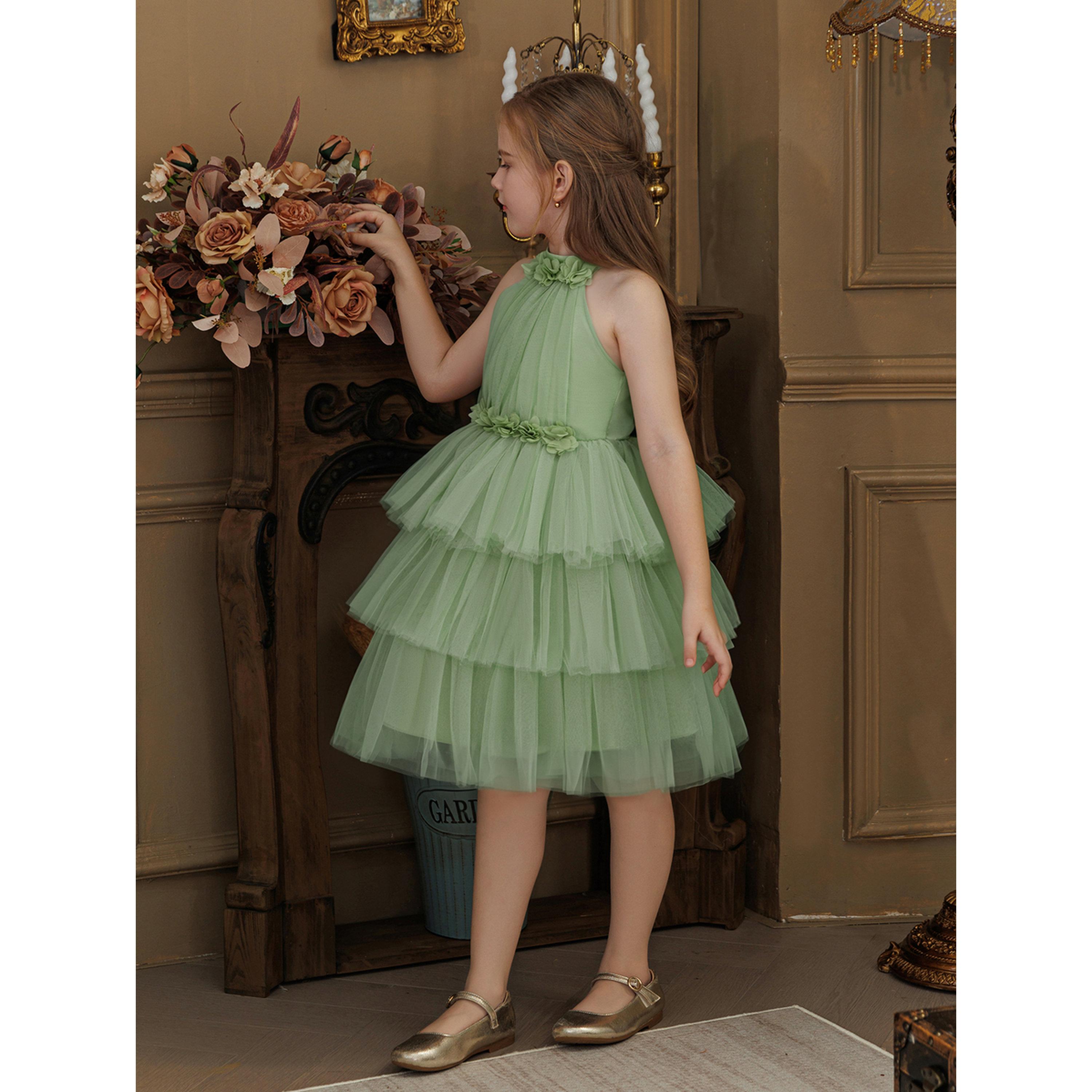 فستان تول أخضر سادي بطبقات وحافة واسعة-girls-clothing-dressesandjumpsuits-image-4