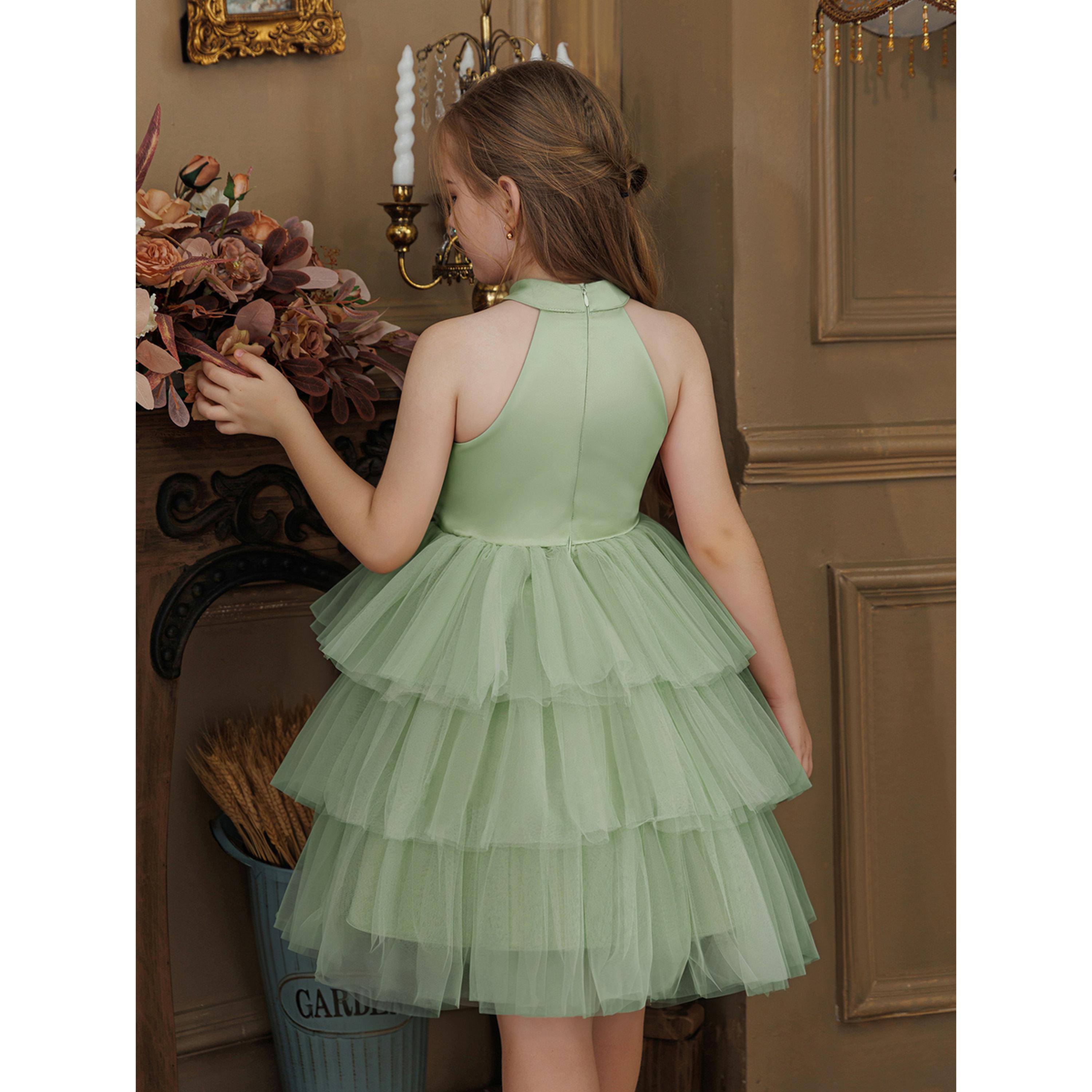 فستان تول أخضر سادي بطبقات وحافة واسعة-girls-clothing-dressesandjumpsuits-image-6