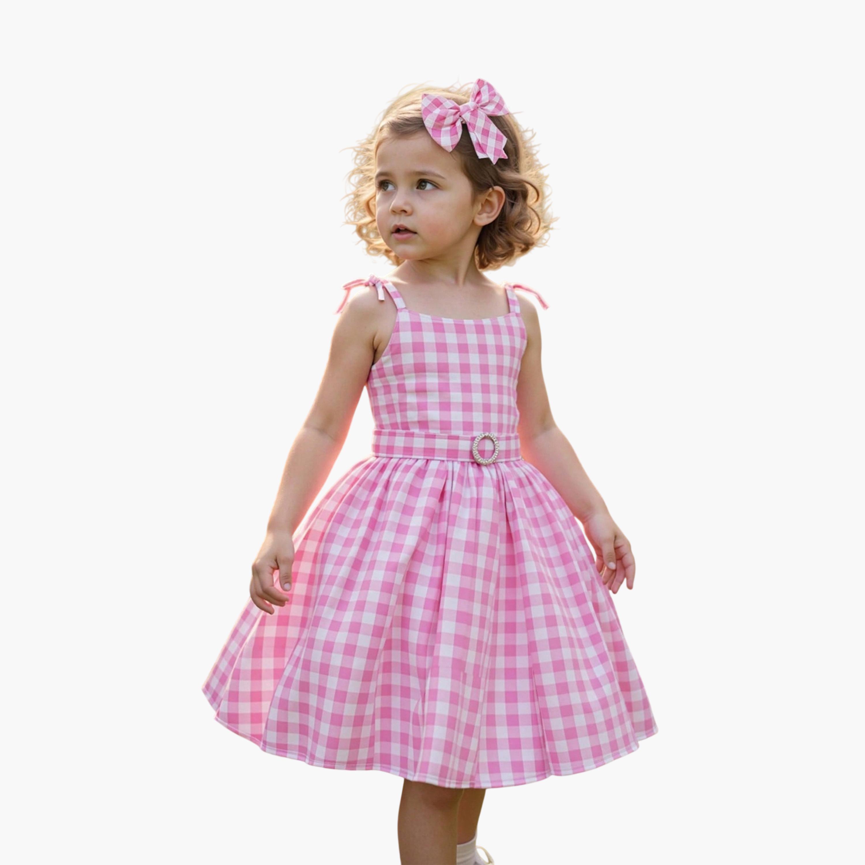 فستان وردي بطبعة مربعات بحافة واسعة بطول الركبة-girls-clothing-dressesandjumpsuits-image-1
