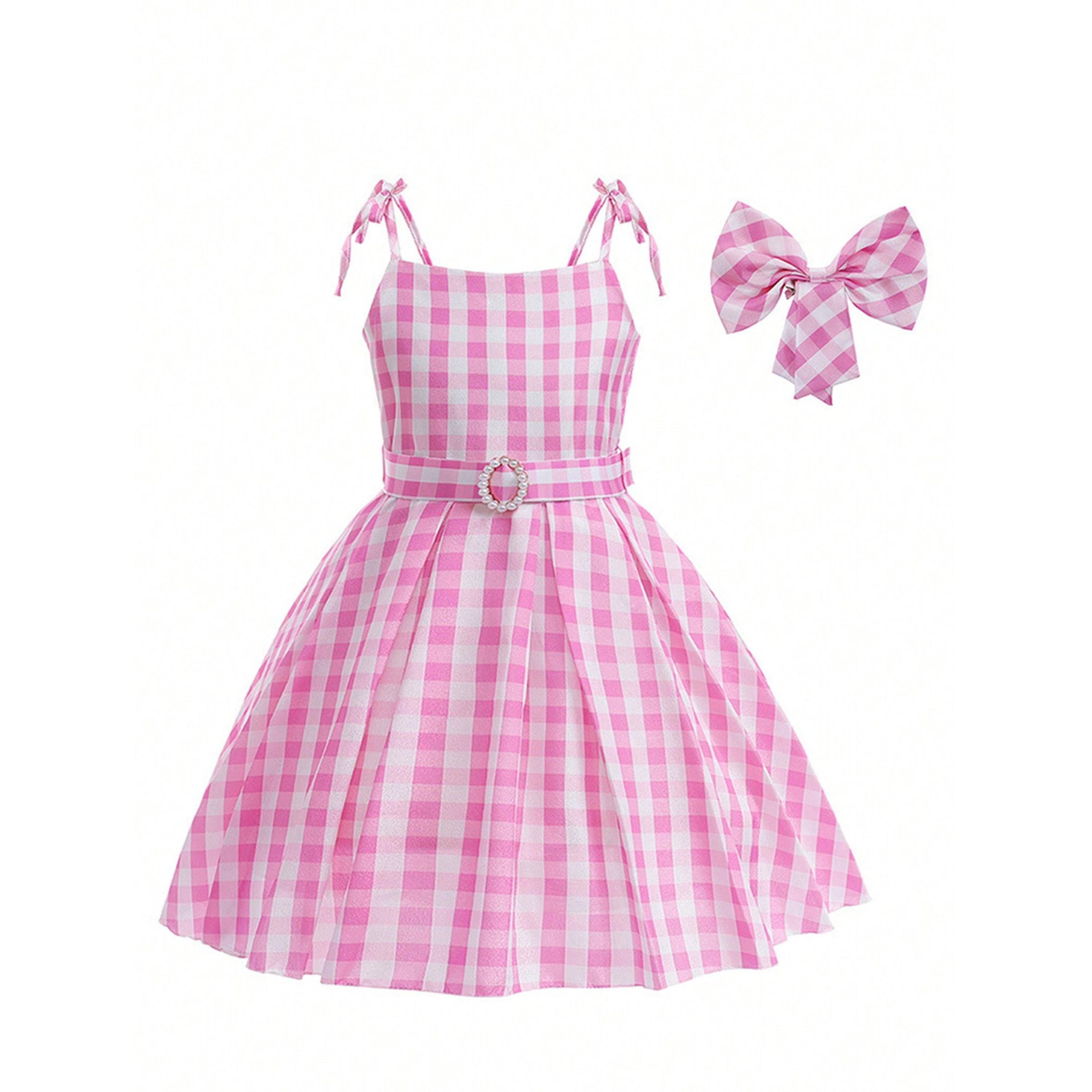 فستان وردي بطبعة مربعات بحافة واسعة بطول الركبة-girls-clothing-dressesandjumpsuits-image-2