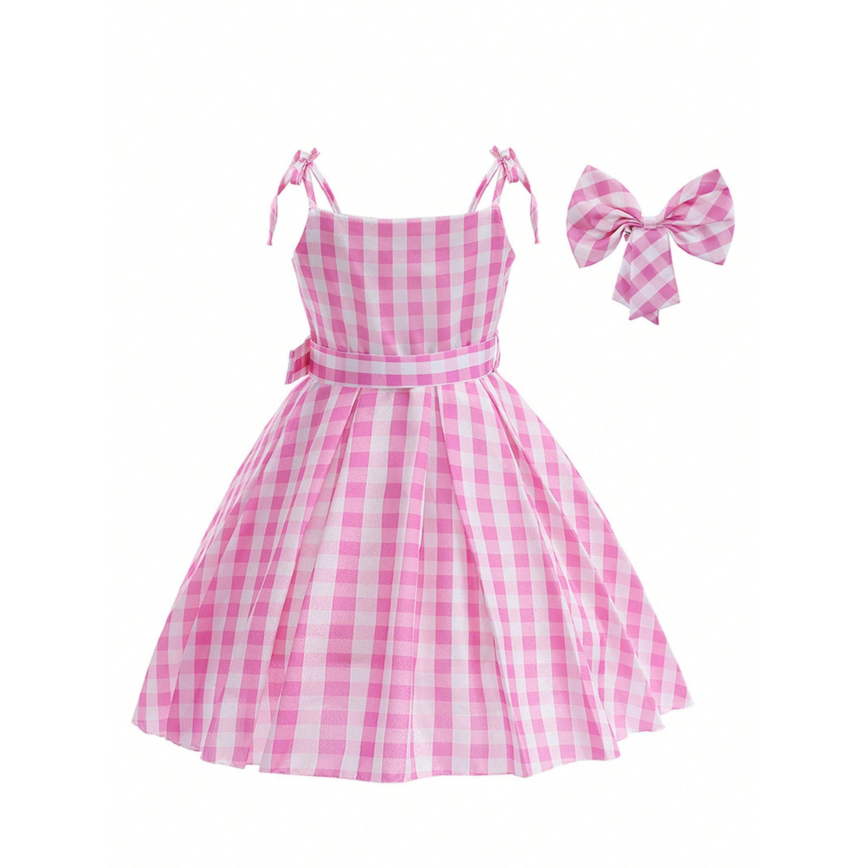 فستان وردي بطبعة مربعات بحافة واسعة بطول الركبة-girls-clothing-dressesandjumpsuits-image-3