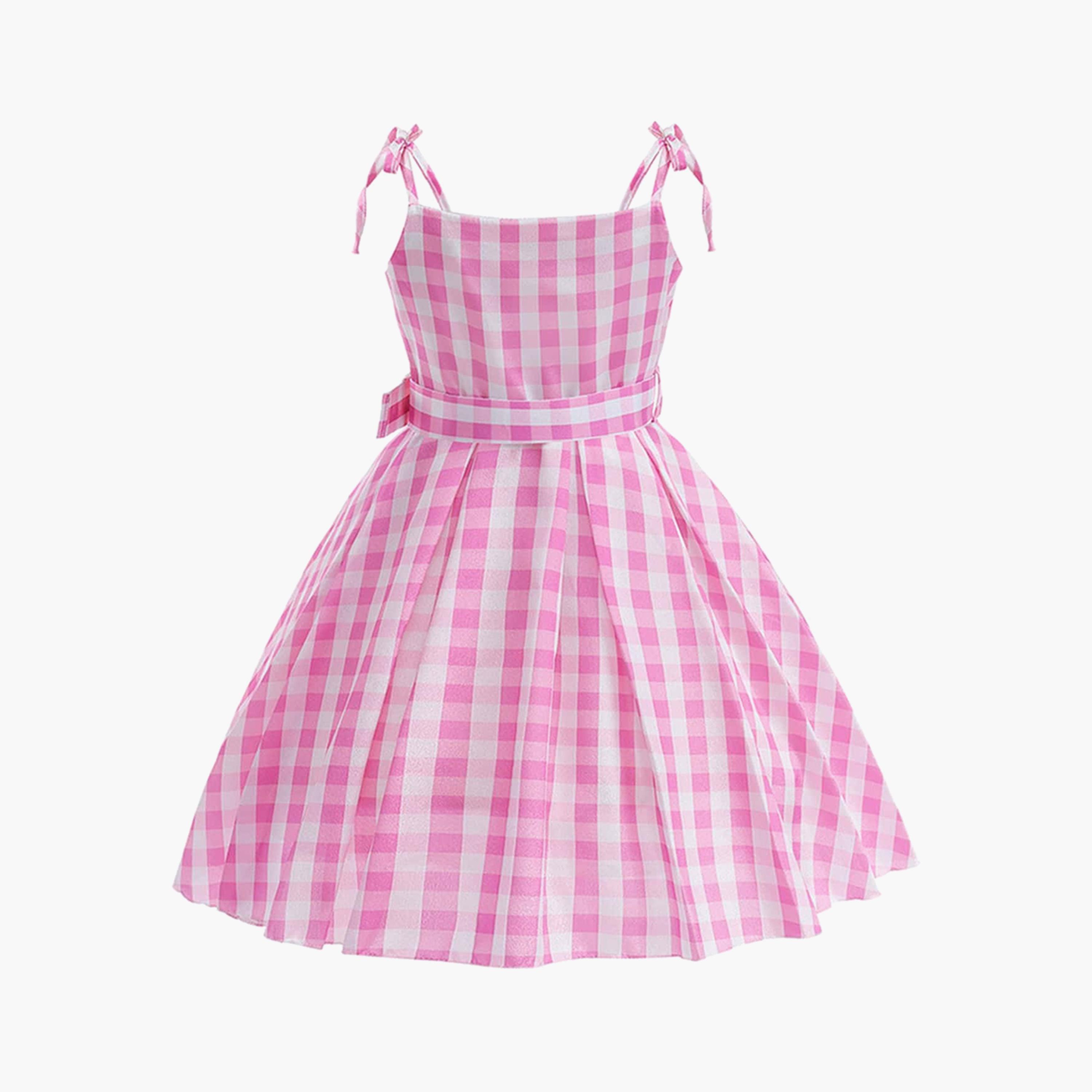 فستان وردي بطبعة مربعات بحافة واسعة بطول الركبة-girls-clothing-dressesandjumpsuits-image-4
