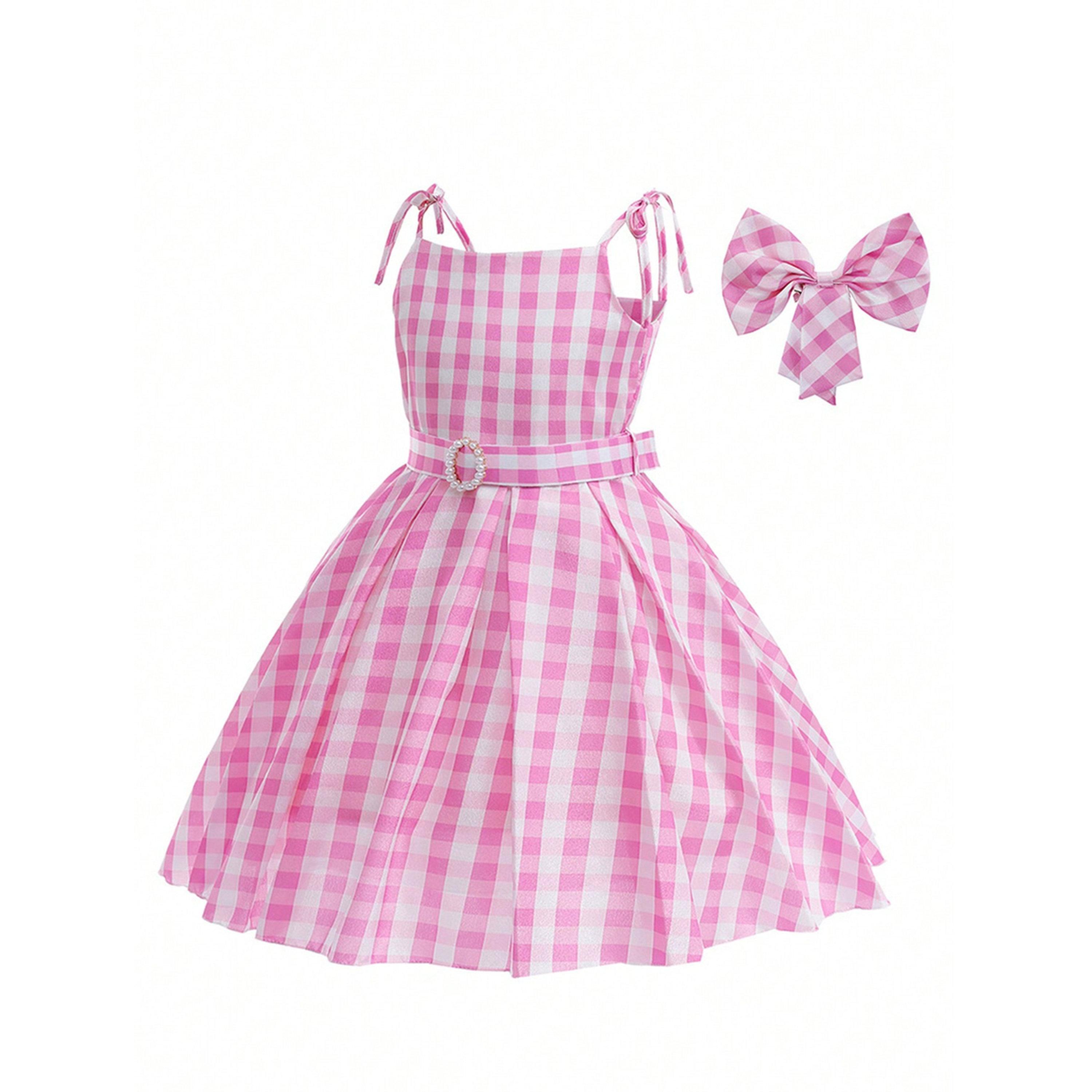 فستان وردي بطبعة مربعات بحافة واسعة بطول الركبة-girls-clothing-dressesandjumpsuits-image-5