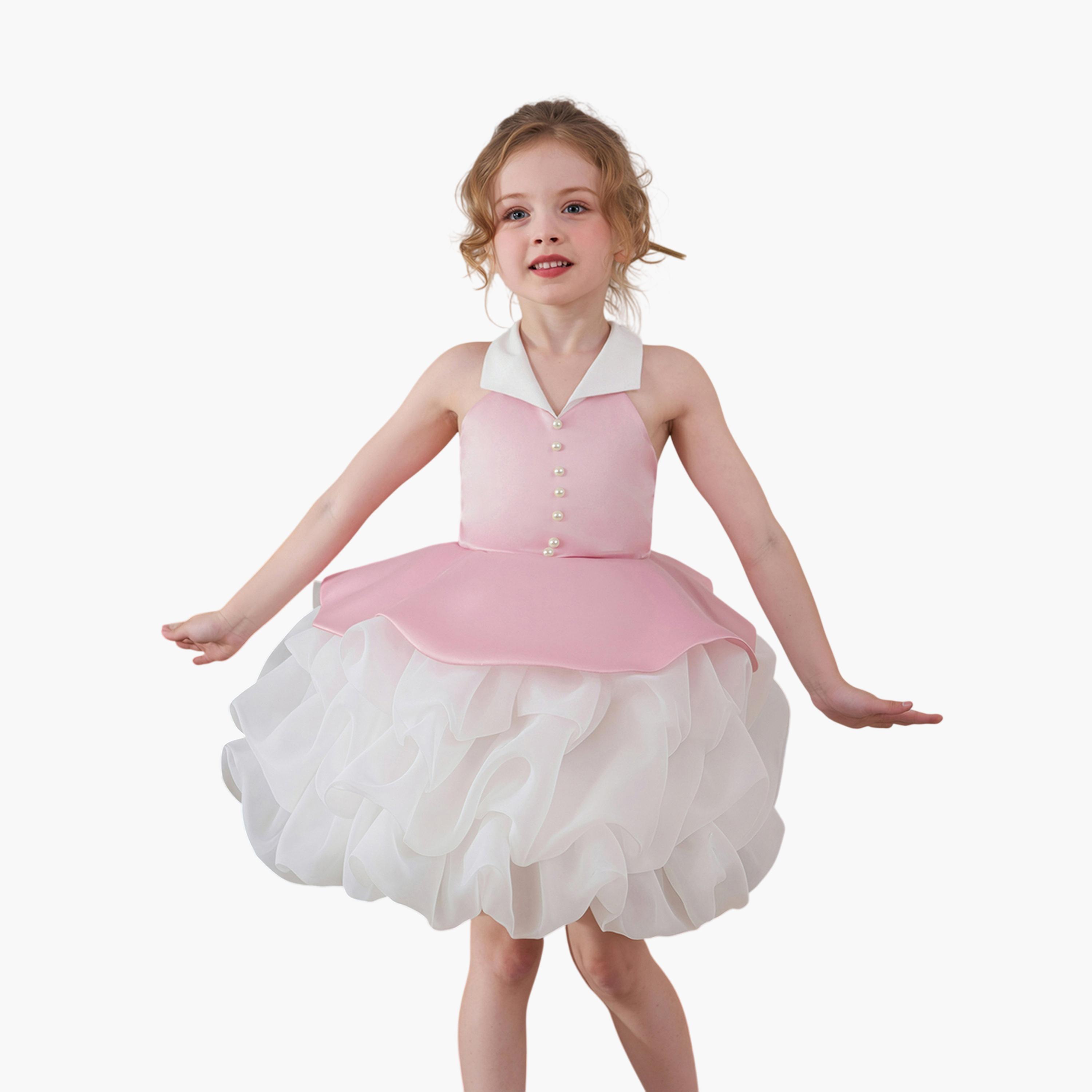 فستان وردي بحافة واسعة بطول الركبة بتفاصيل لؤلؤ-girls-clothing-dressesandjumpsuits-image-1