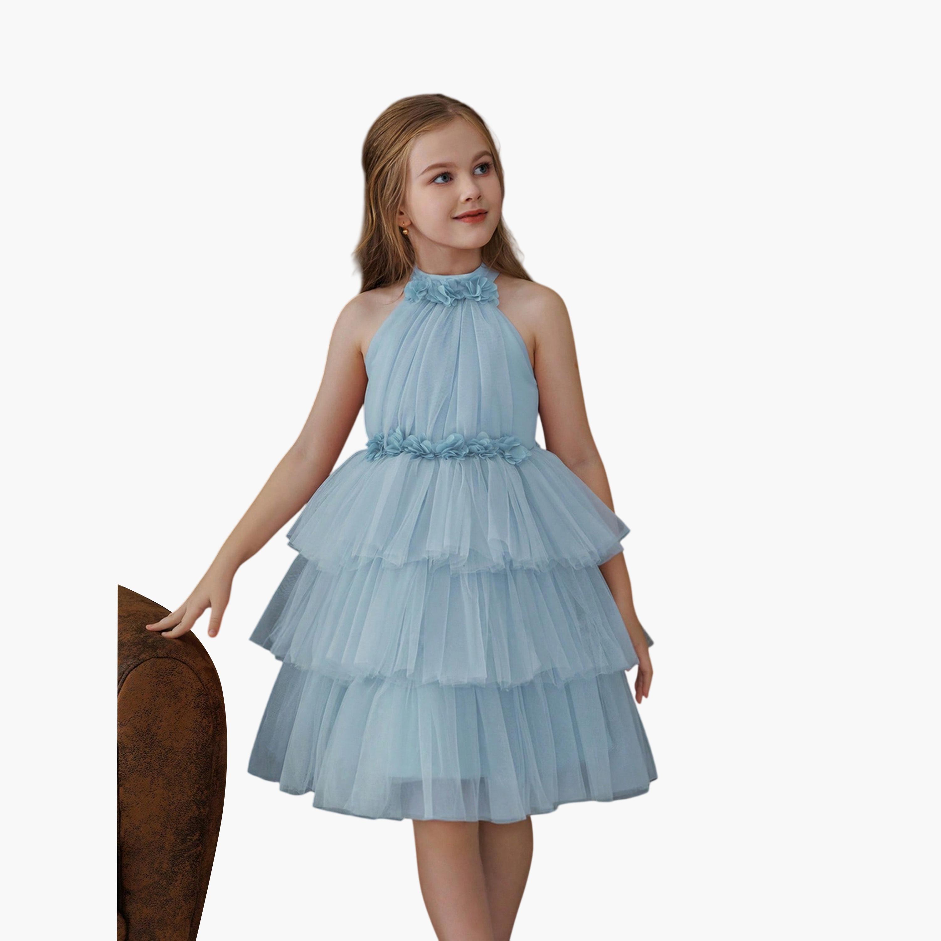 فستان أزرق بياقة هولتر بطبقات وحافة واسعة-girls-clothing-dressesandjumpsuits-image-2