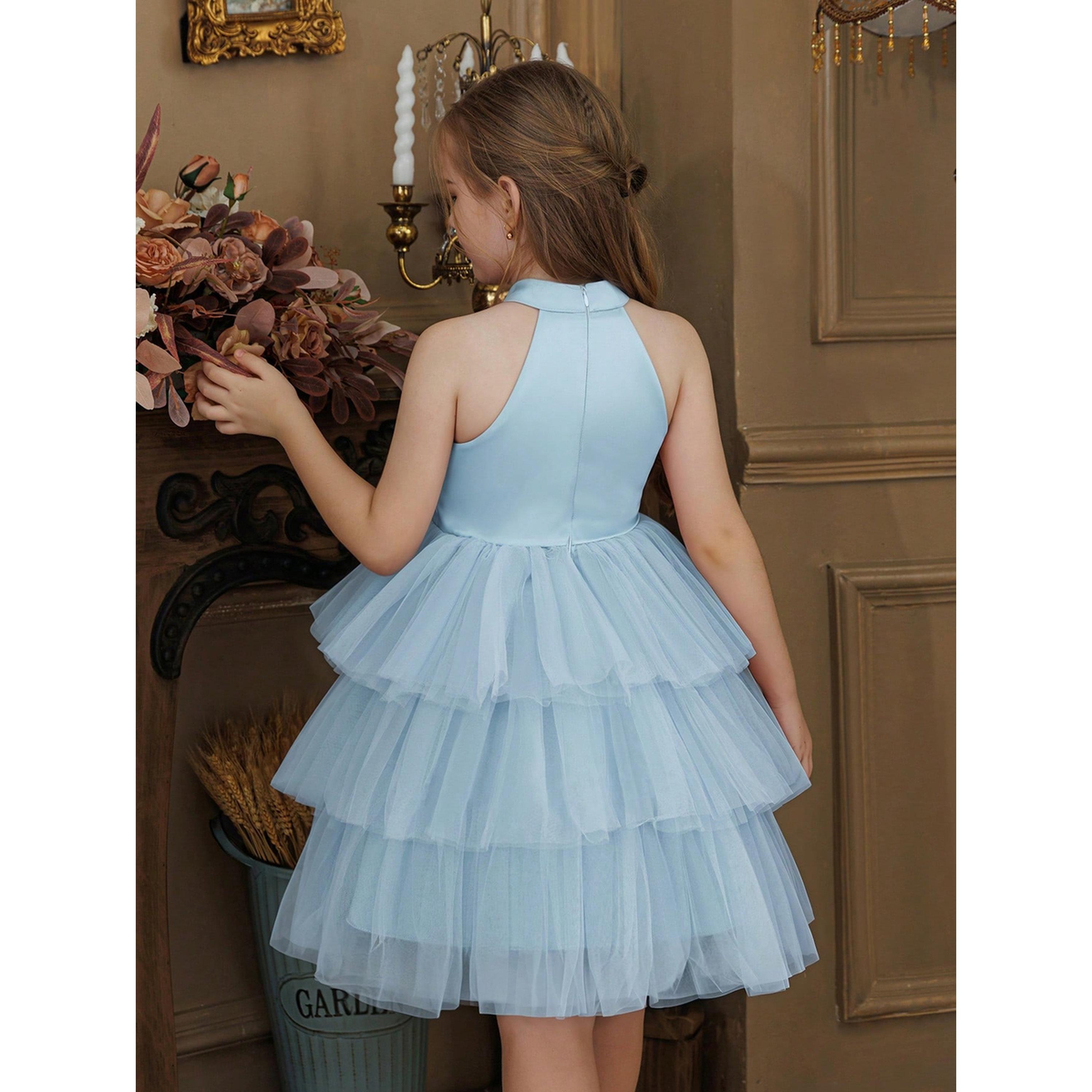 فستان أزرق بياقة هولتر بطبقات وحافة واسعة-girls-clothing-dressesandjumpsuits-image-4