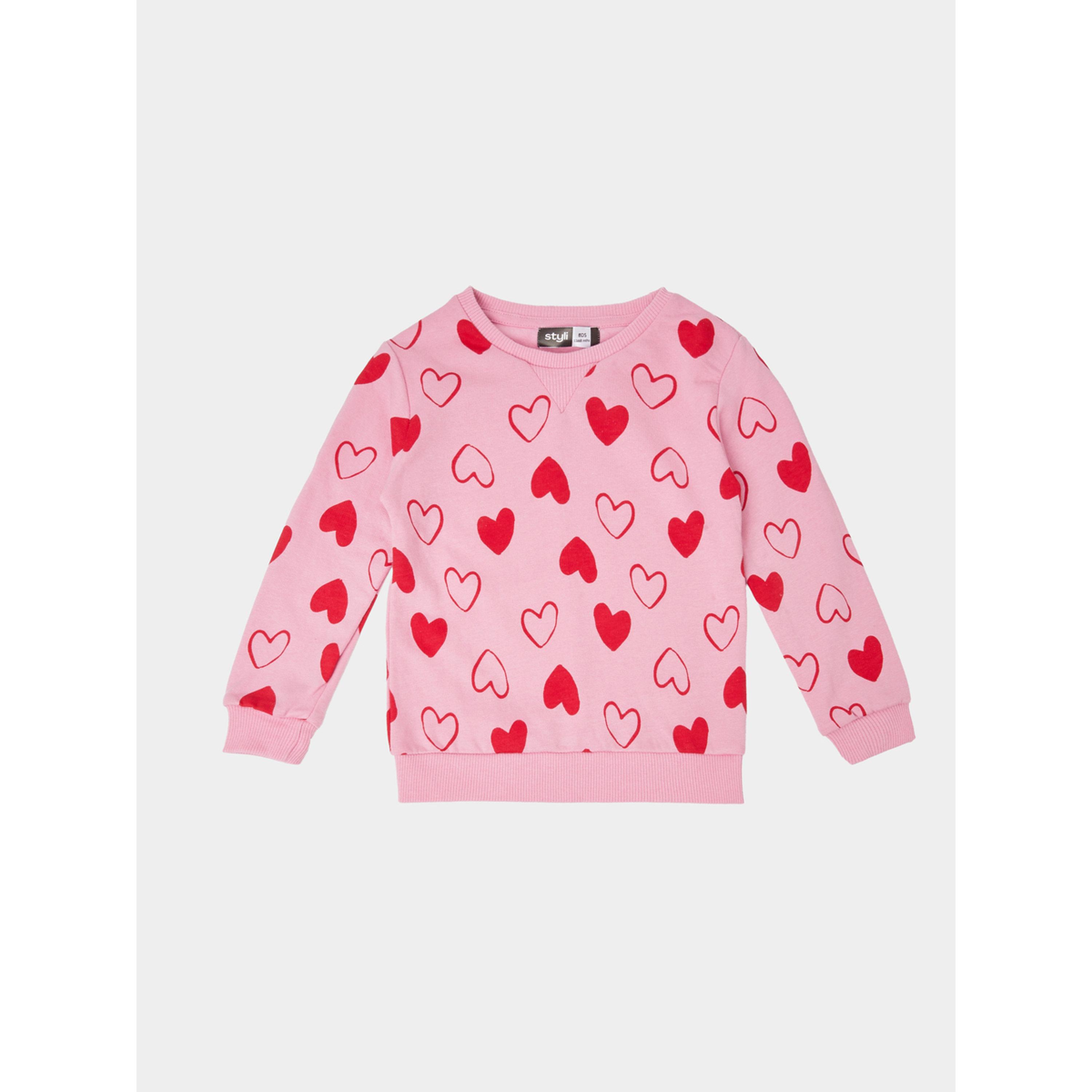 سويت شيرت قطن بطبعة قلوب كاملة للفتيات الصغار وردي-girls-clothing-sweatshirts-image-1