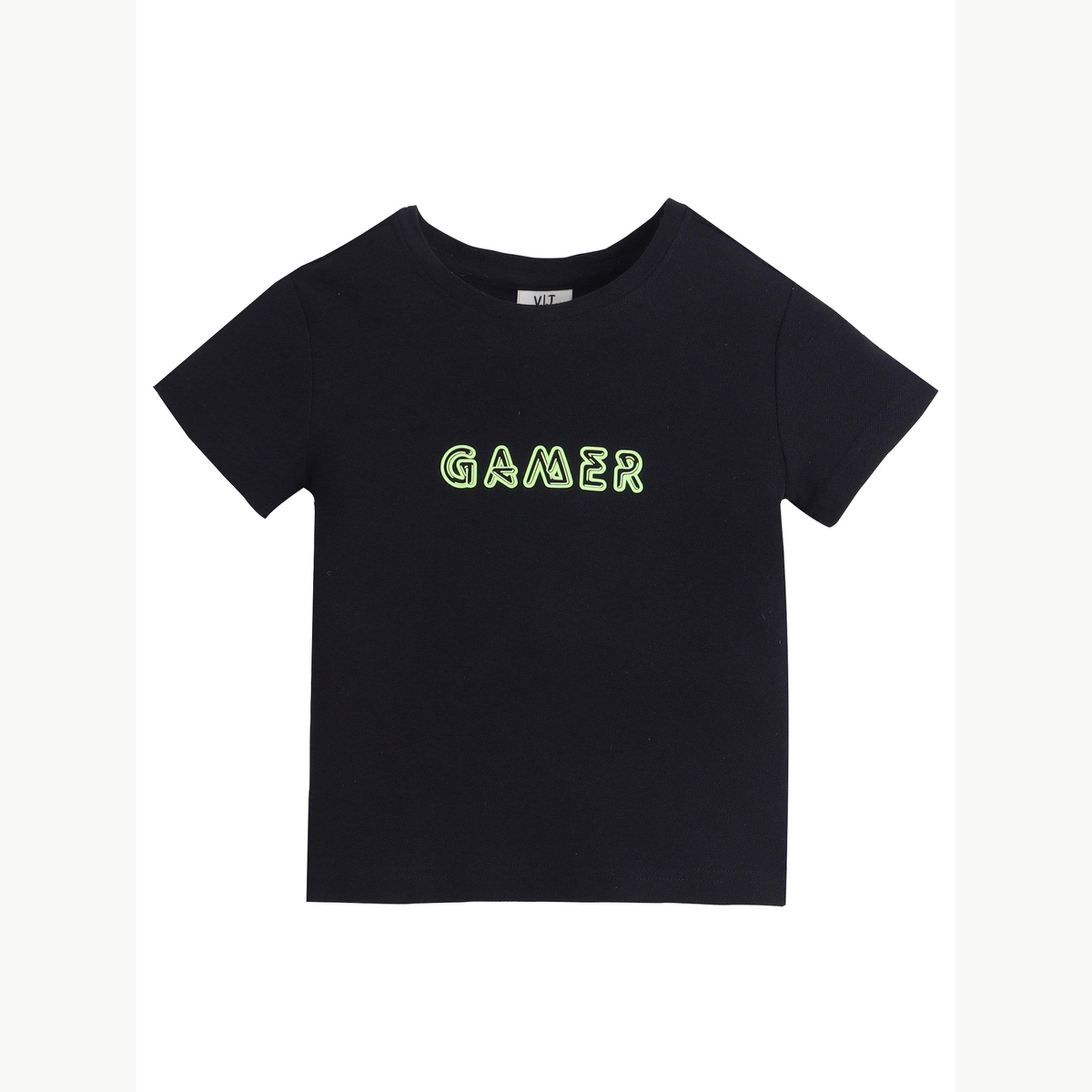 تيشيرت بيكيه بياقة دائرية وطبعة كتابة للأولاد-boys-clothing-tshirtsandpolos-image-1