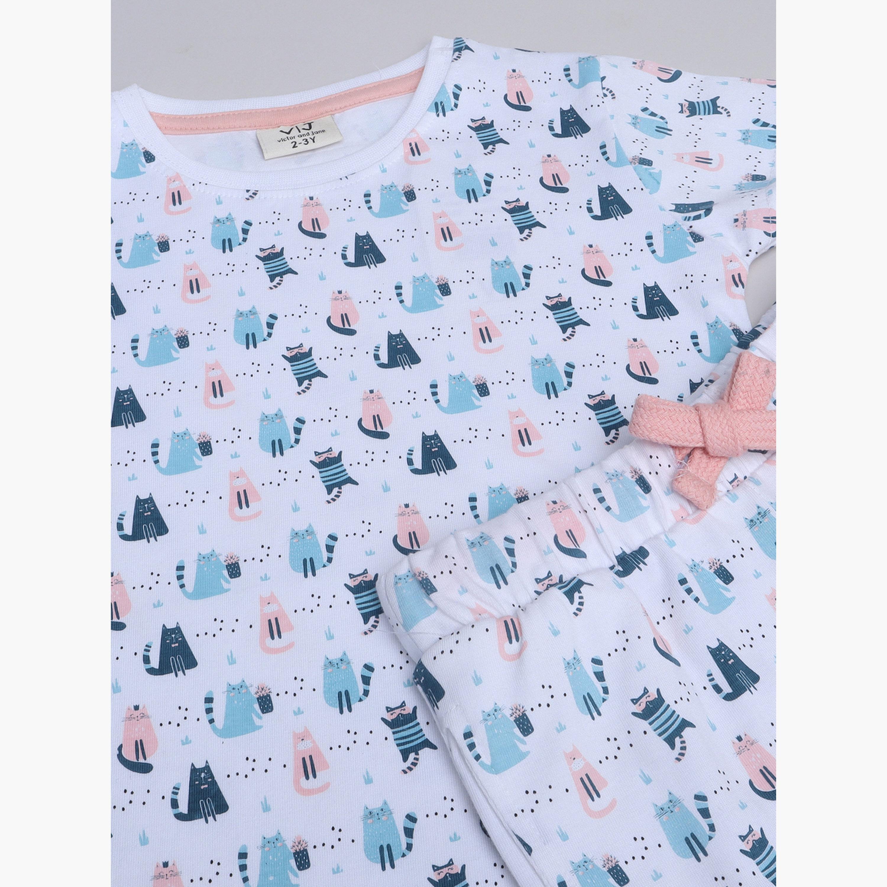 طقم بيجاما من بنطال وتيشيرت بطبعة كاملة-girls-clothing-nightwear-image-2
