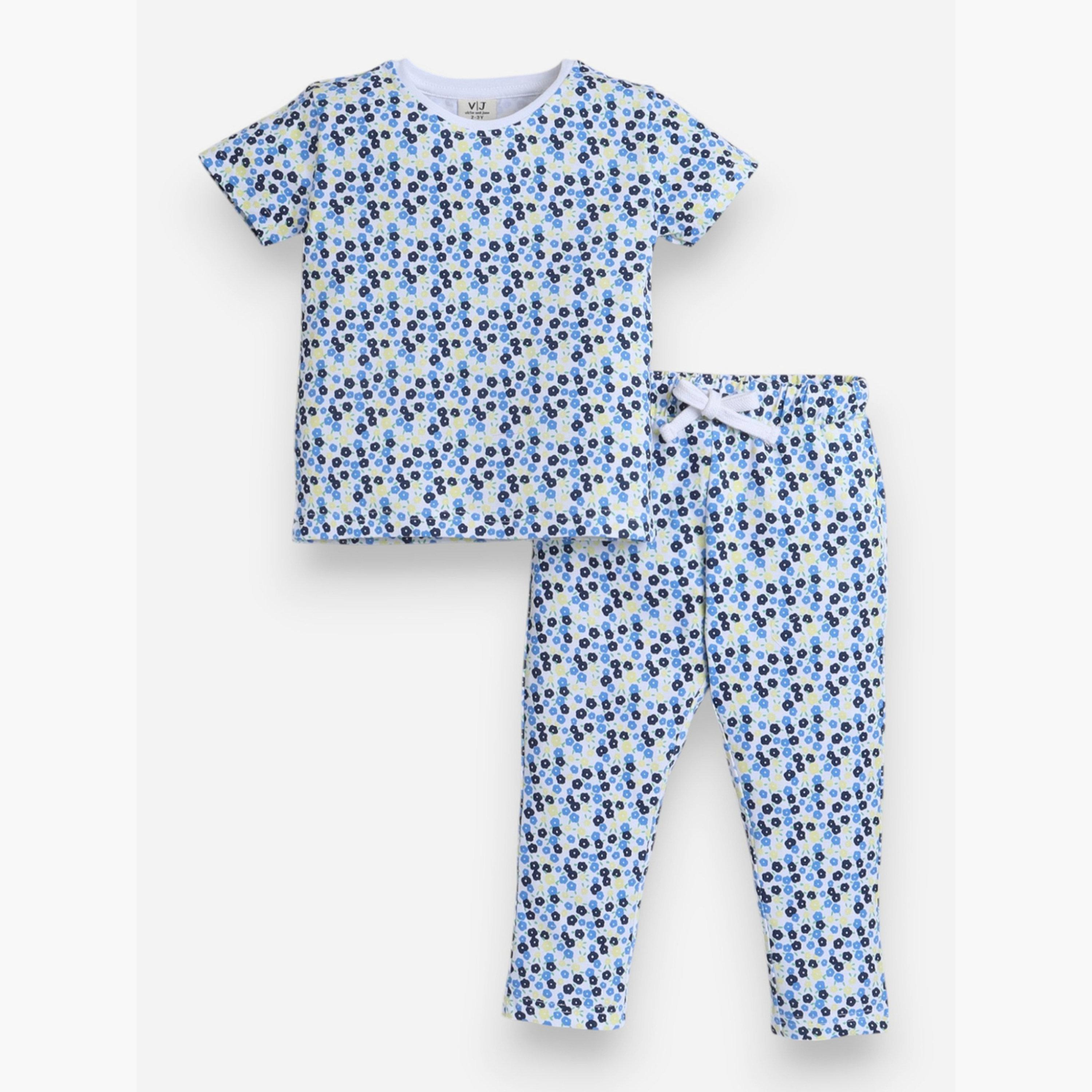 طقم بيجاما من بنطال وتيشيرت بنقشة زهور كاملة-girls-clothing-nightwear-image-1