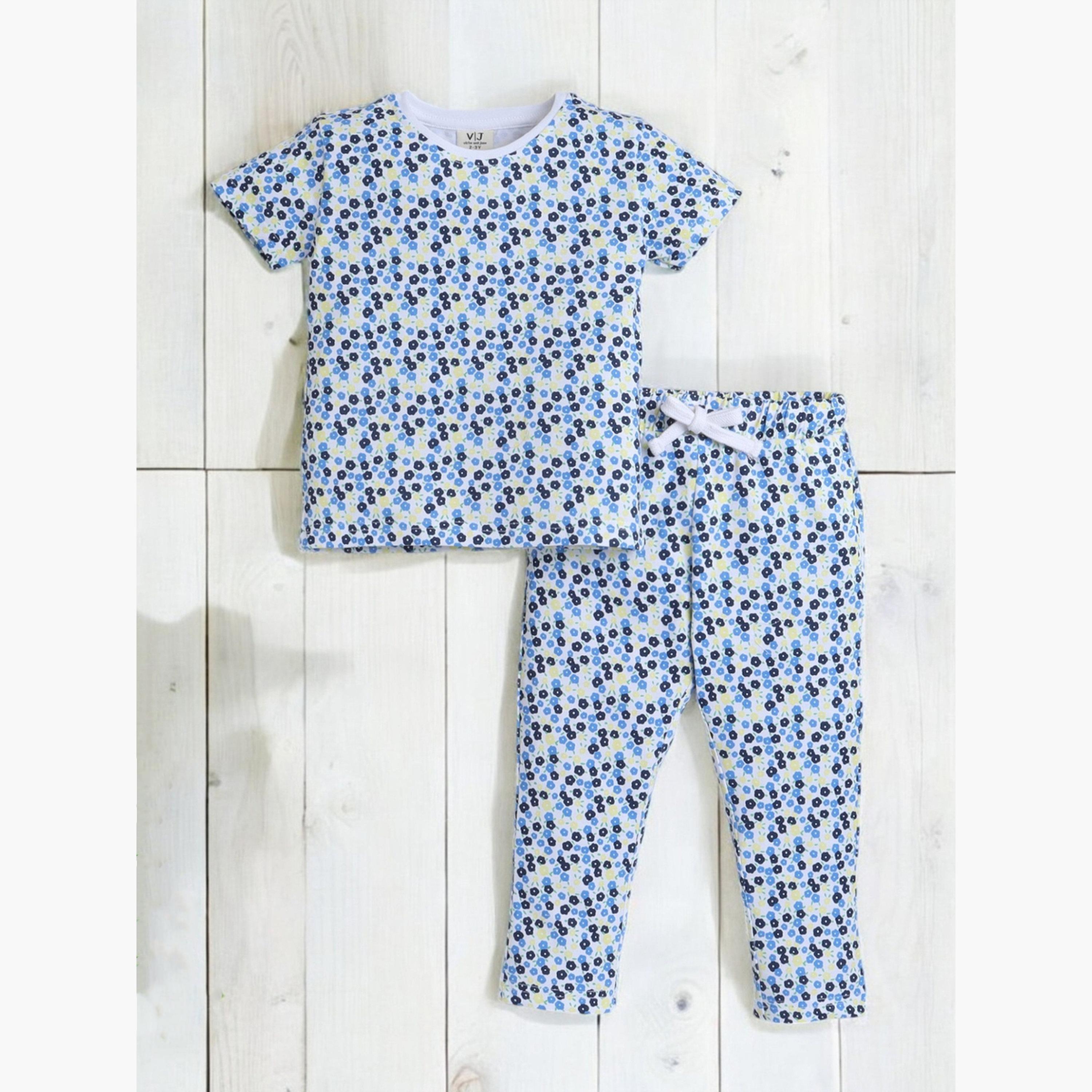طقم بيجاما من بنطال وتيشيرت بنقشة زهور كاملة-girls-clothing-nightwear-image-4
