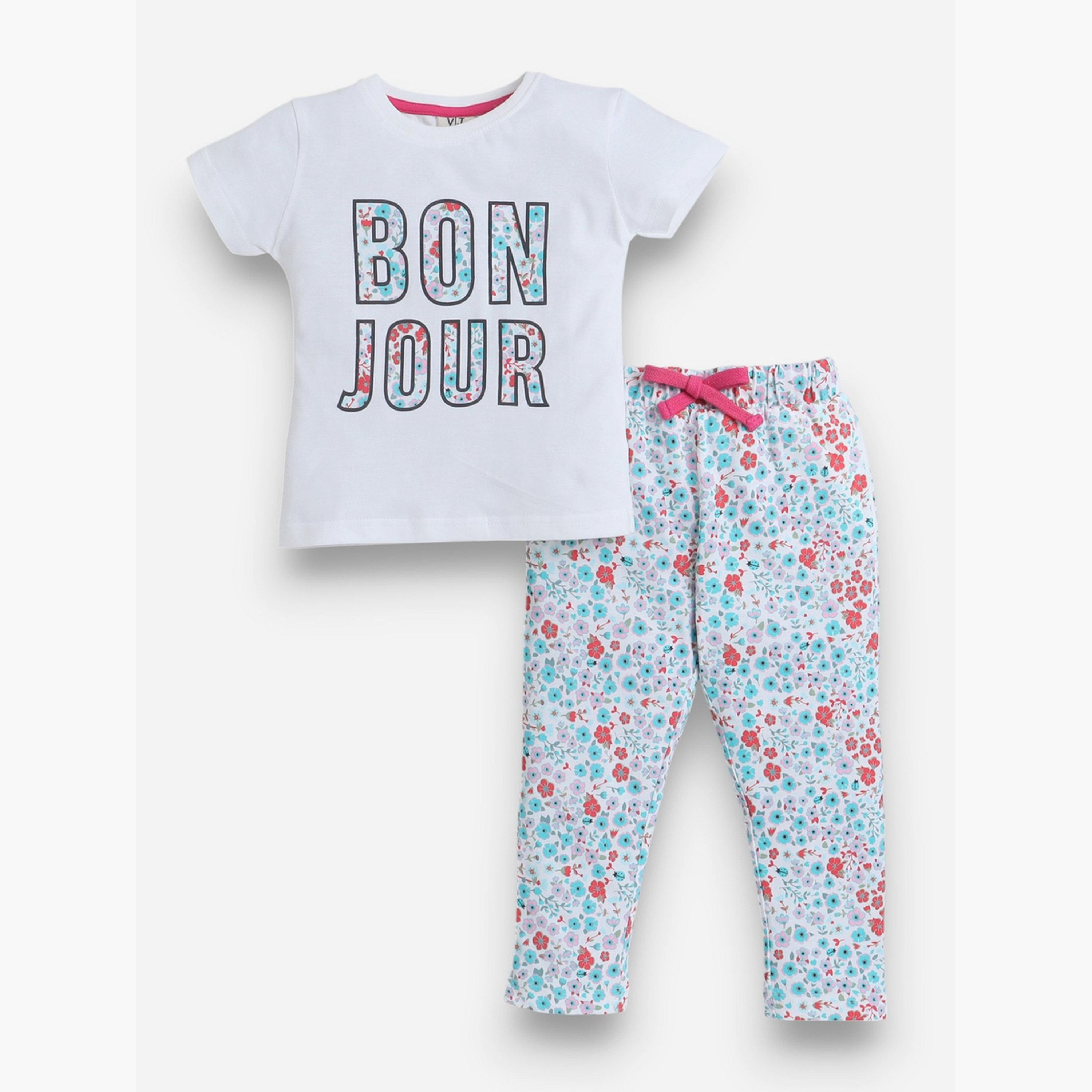 طقم بيجاما من بنطال وتيشيرت بطبعة-girls-clothing-nightwear-image-1
