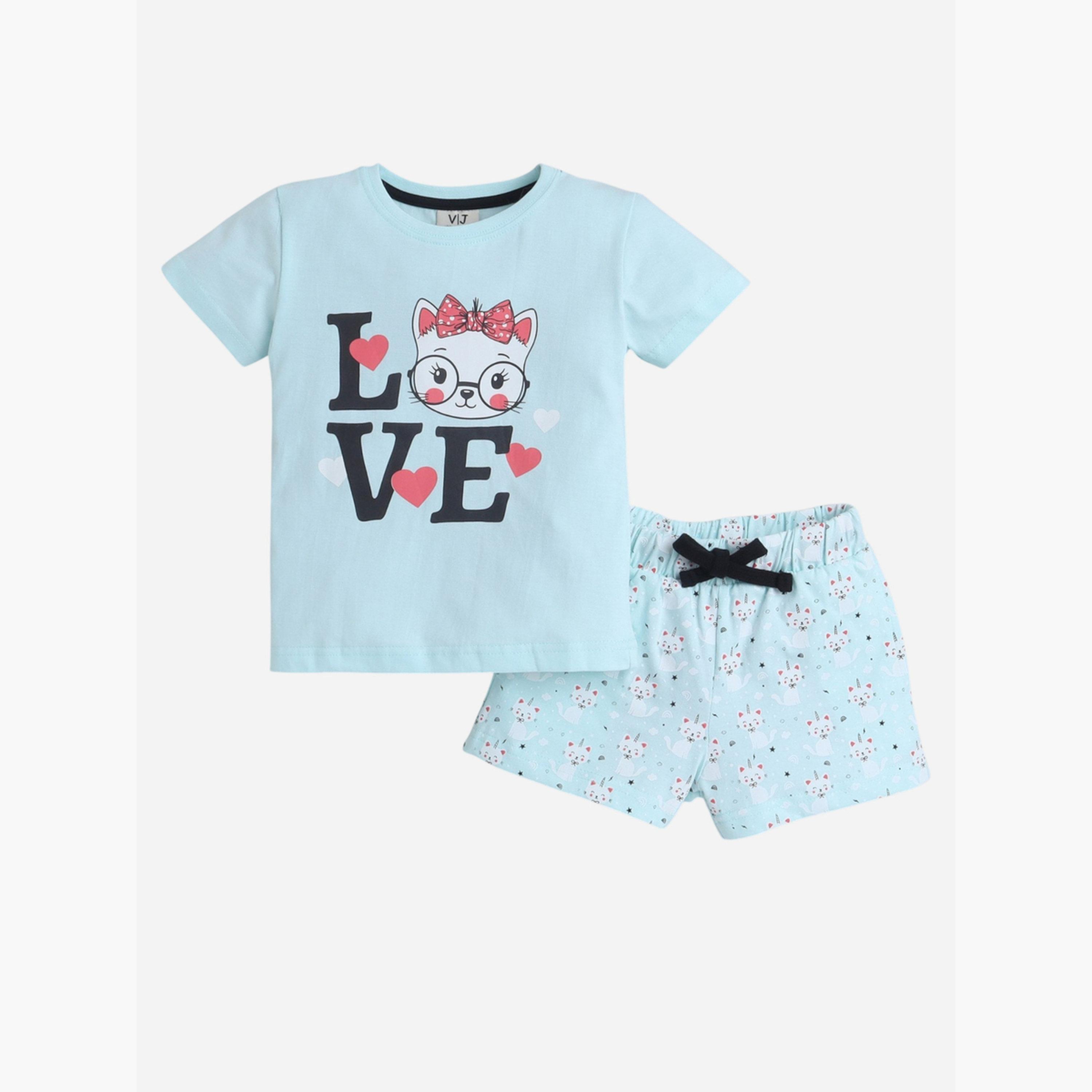 مجموعة من شورت وتيشيرت بطبعة-girls-clothing-nightwear-image-1
