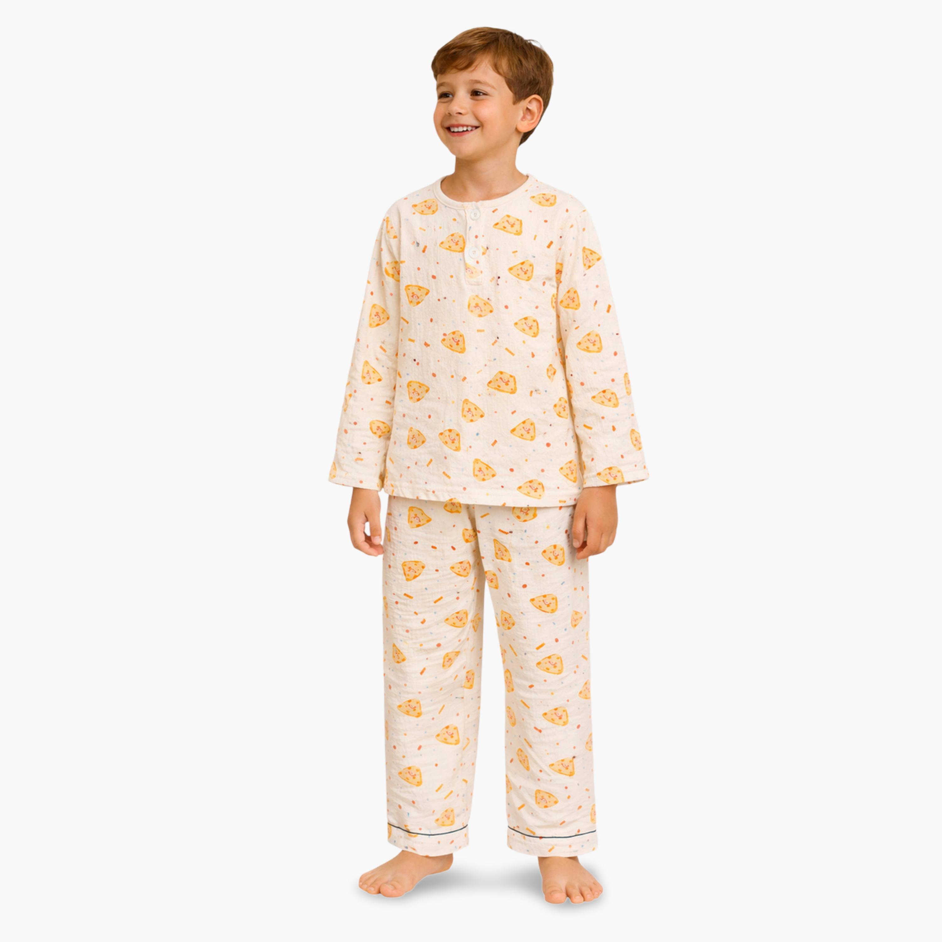 طقم بيجاما من بنطال وبلوزة قطن بطبعة بيتزا-boys-clothing-nightwear-image-1