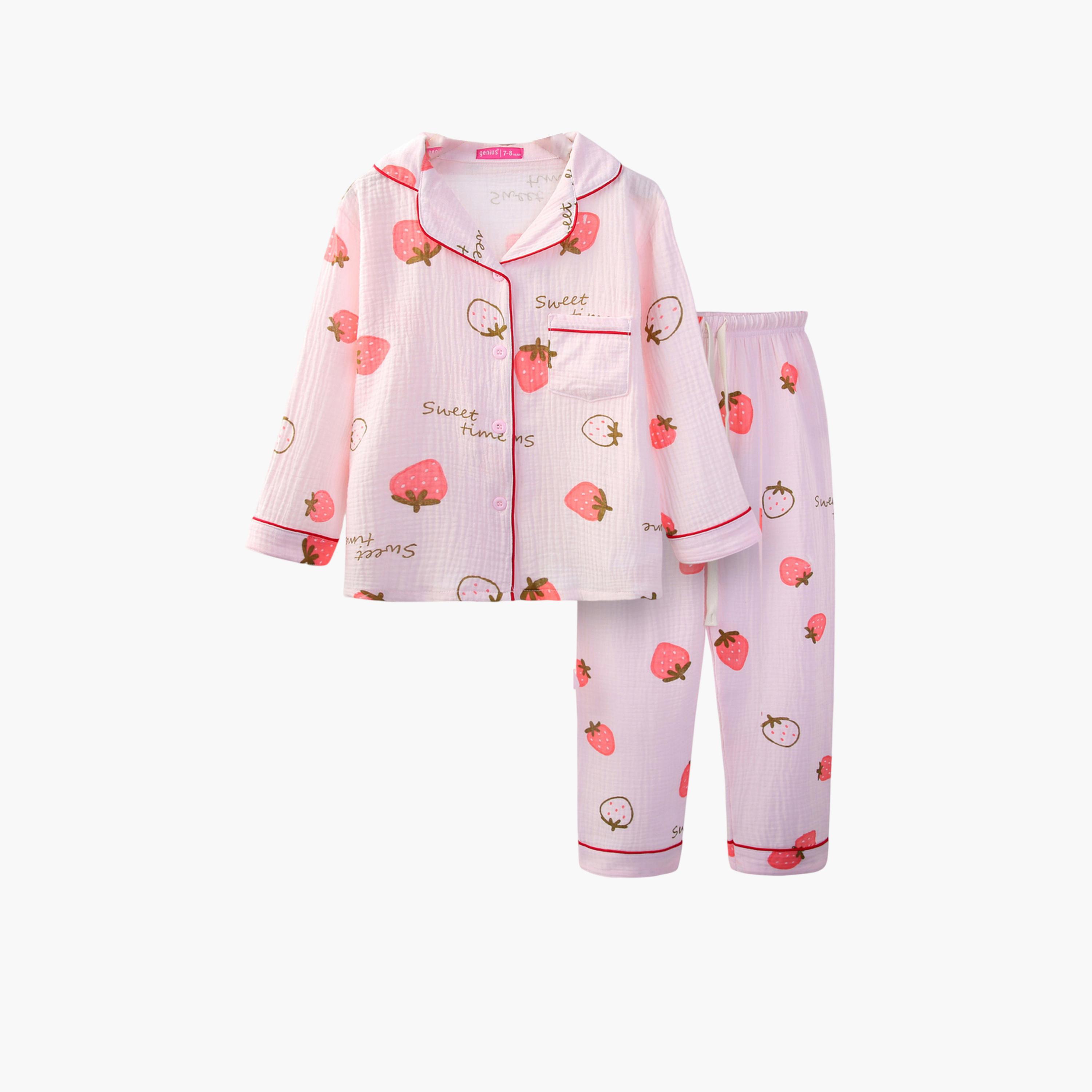 طقم بيجاما من بنطال وبلوزة قطن بطبعة فراولة-girls-clothing-nightwear-image-1