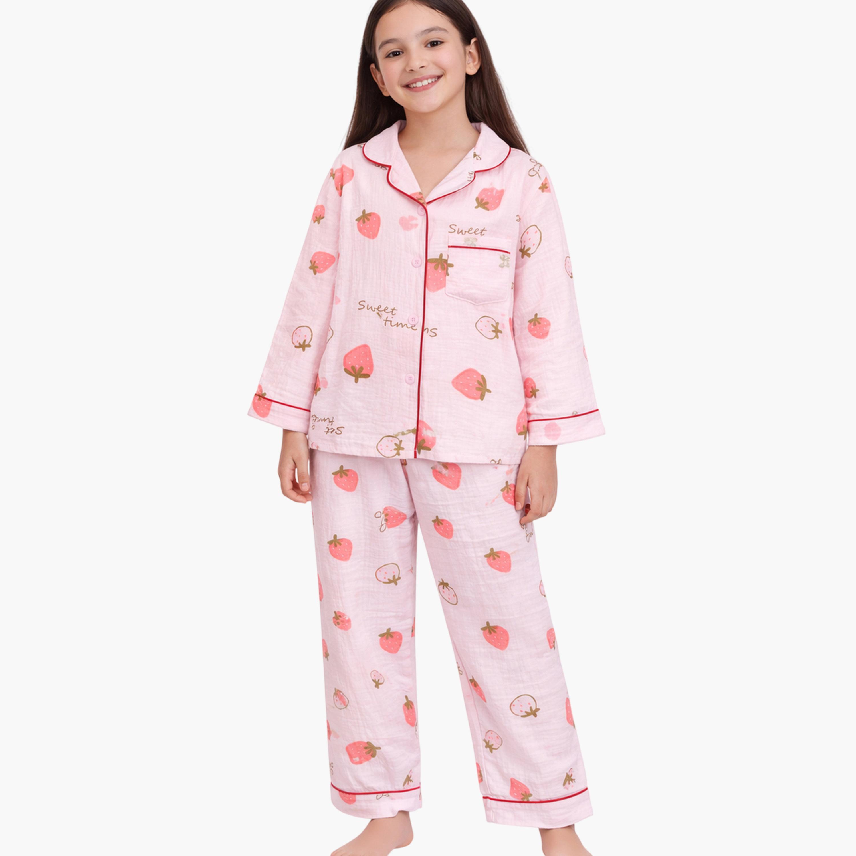 طقم بيجاما من بنطال وبلوزة قطن بطبعة فراولة-girls-clothing-nightwear-image-2