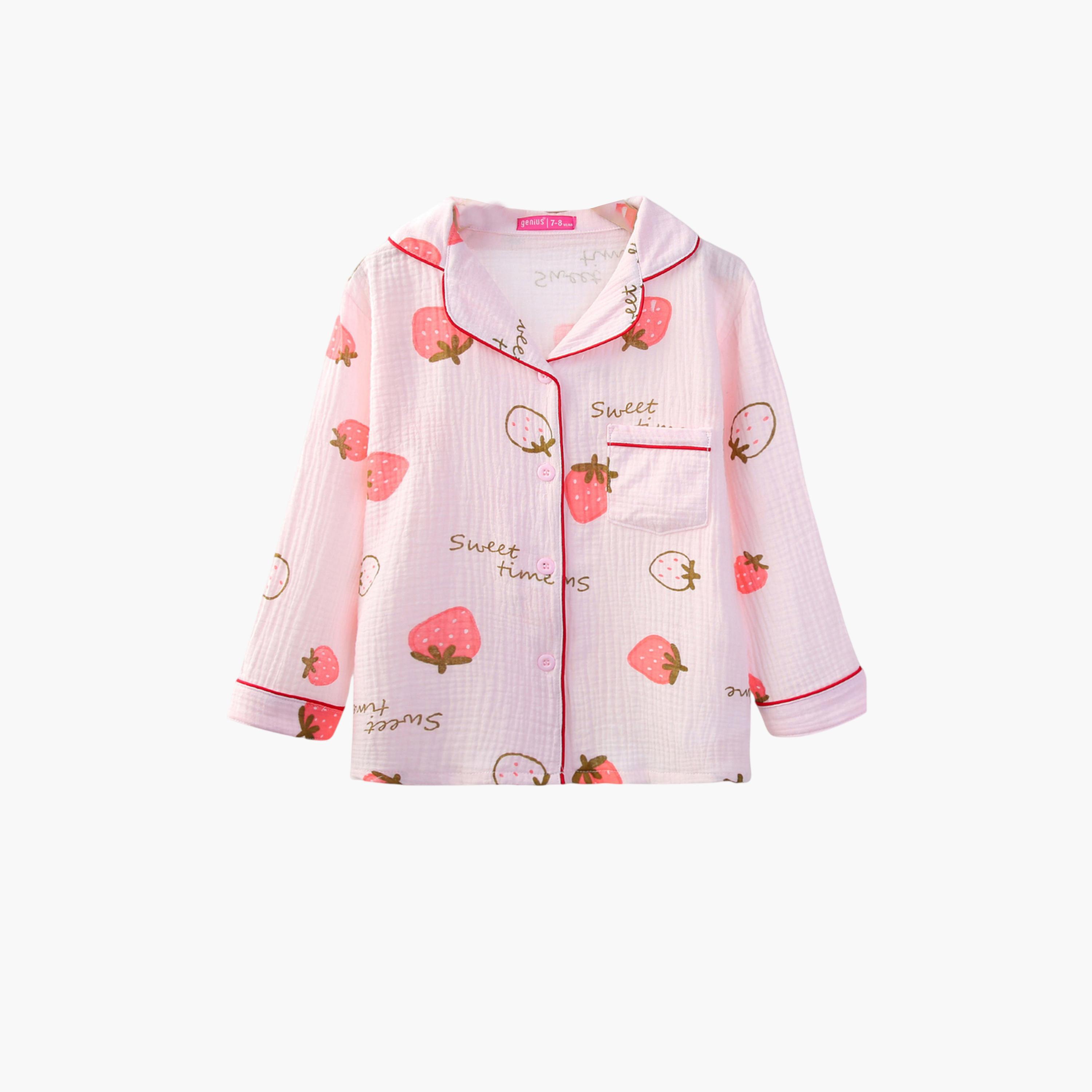 طقم بيجاما من بنطال وبلوزة قطن بطبعة فراولة-girls-clothing-nightwear-image-4