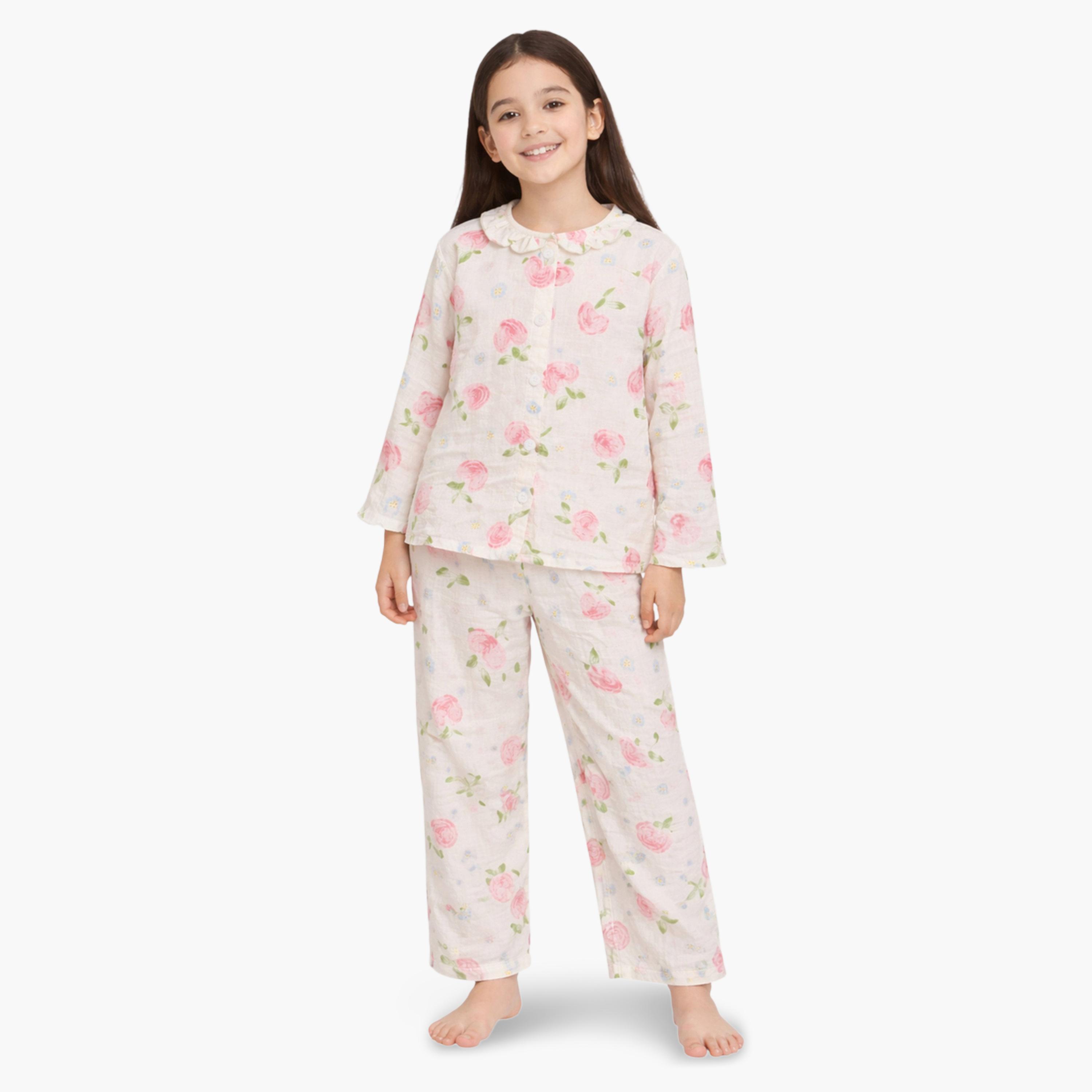 طقم بيجاما من بنطال وقميص قطن بنقشة زهور وفراولة-girls-clothing-nightwear-image-1