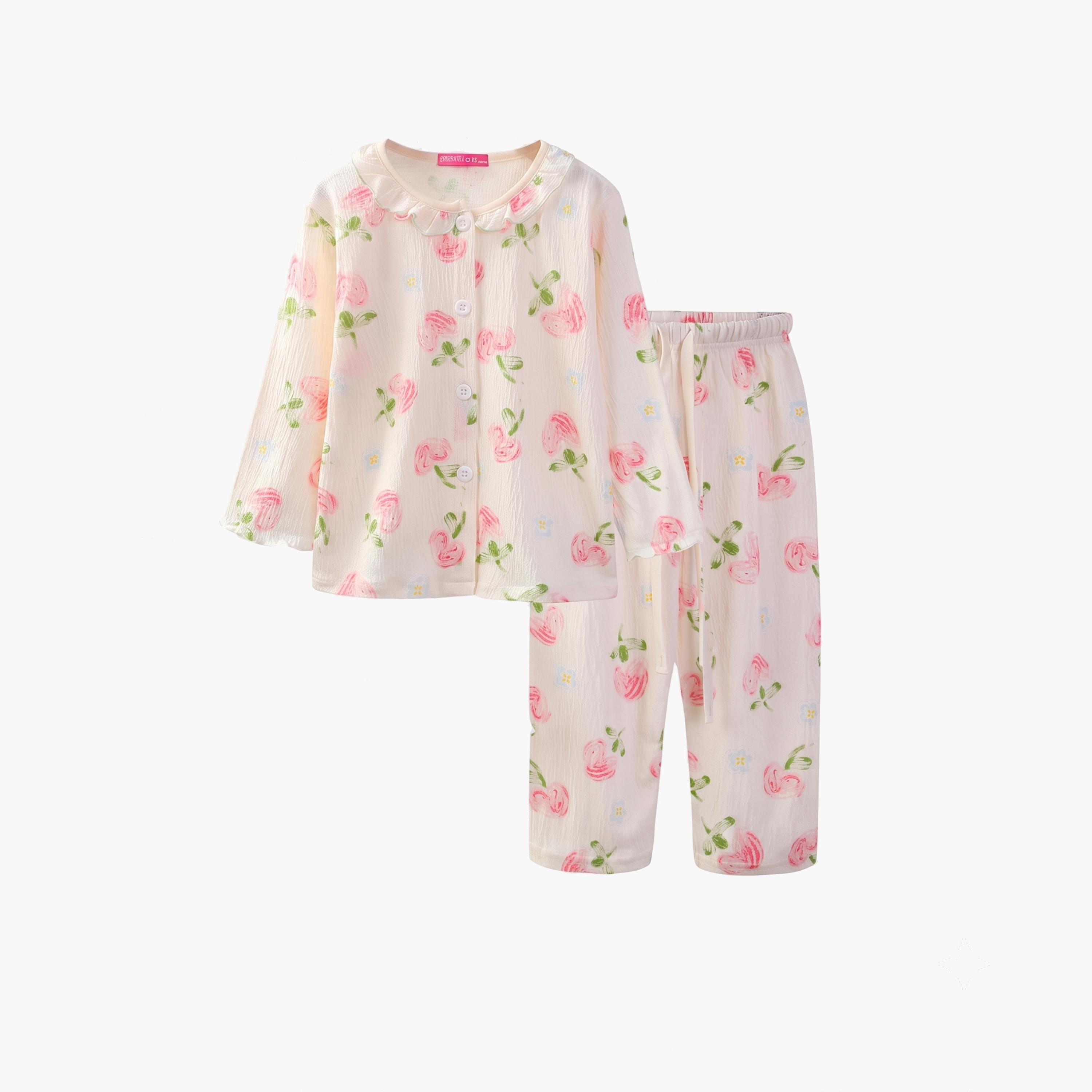طقم بيجاما من بنطال وقميص قطن بنقشة زهور وفراولة-girls-clothing-nightwear-image-2