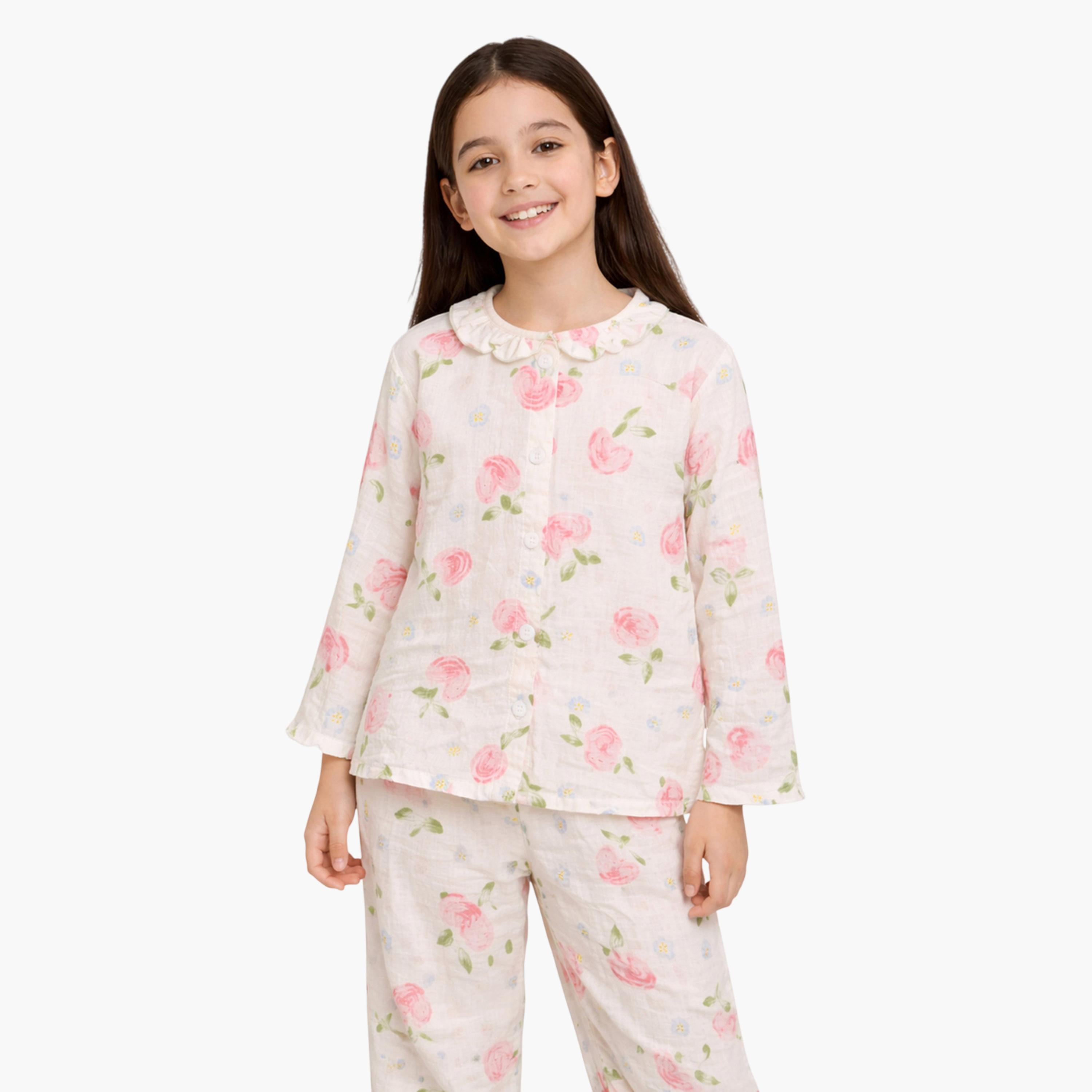طقم بيجاما من بنطال وقميص قطن بنقشة زهور وفراولة-girls-clothing-nightwear-image-3