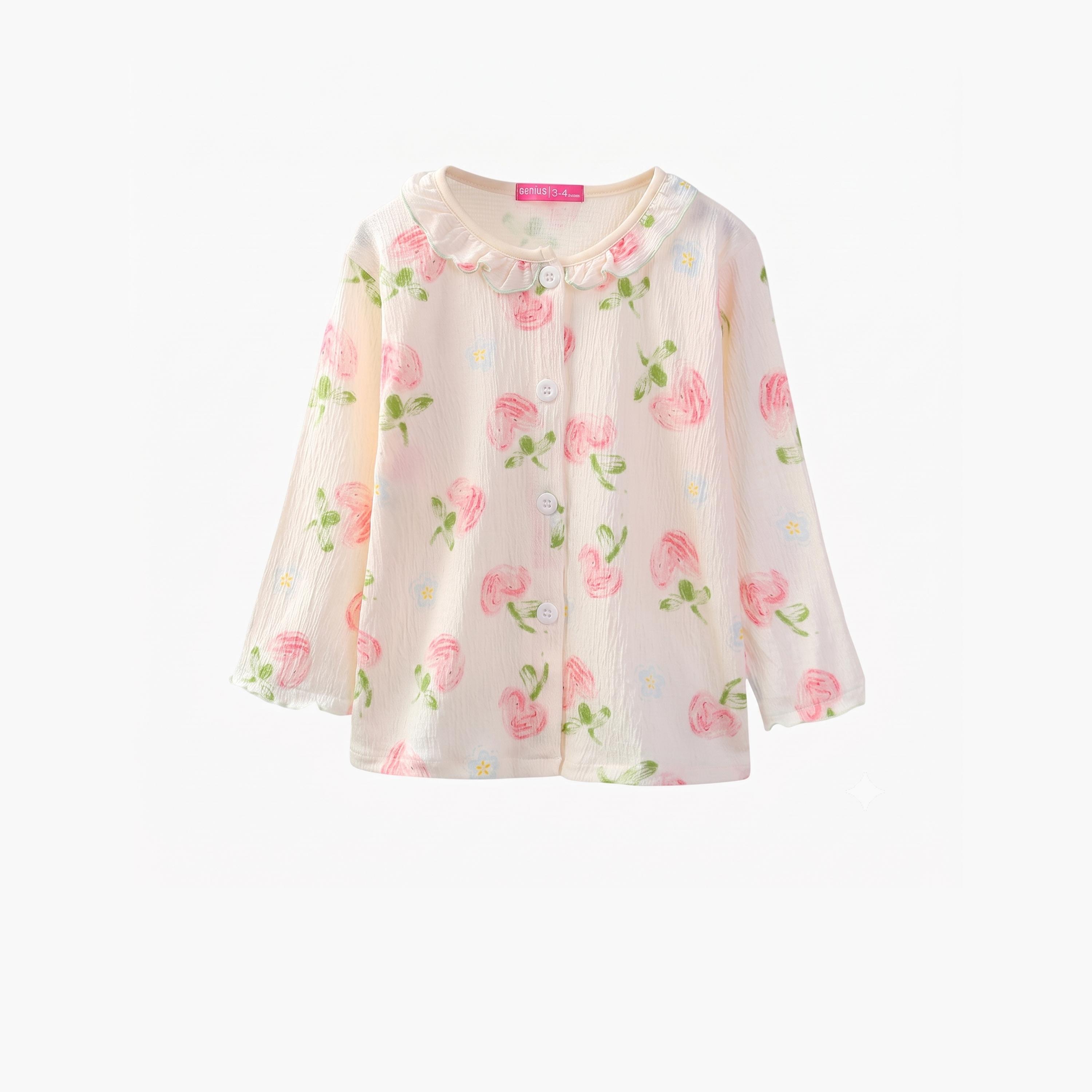 طقم بيجاما من بنطال وقميص قطن بنقشة زهور وفراولة-girls-clothing-nightwear-image-4