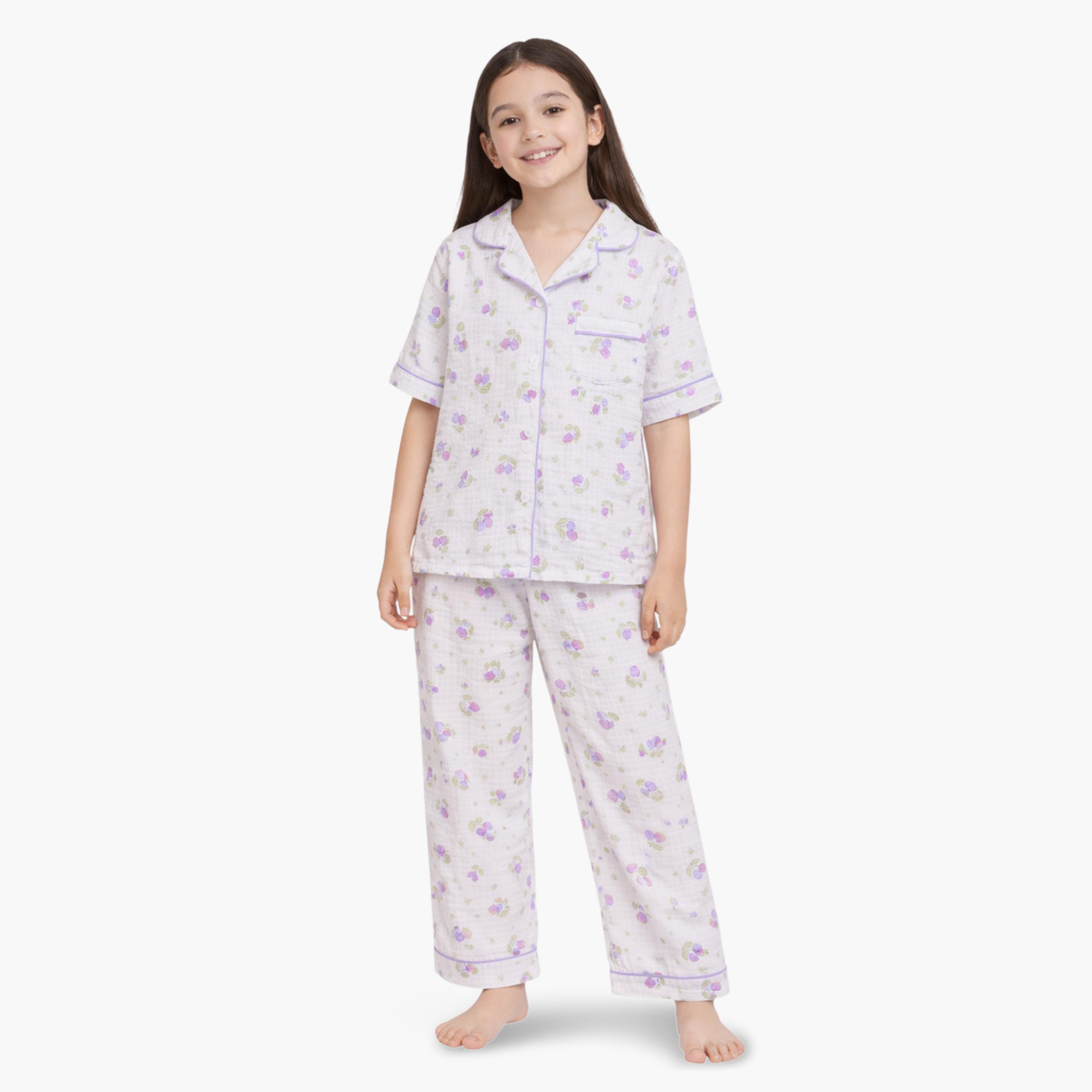 طقم بيجاما من بنطال وبلوزة قطن بنقشة زهور-girls-clothing-nightwear-image-1