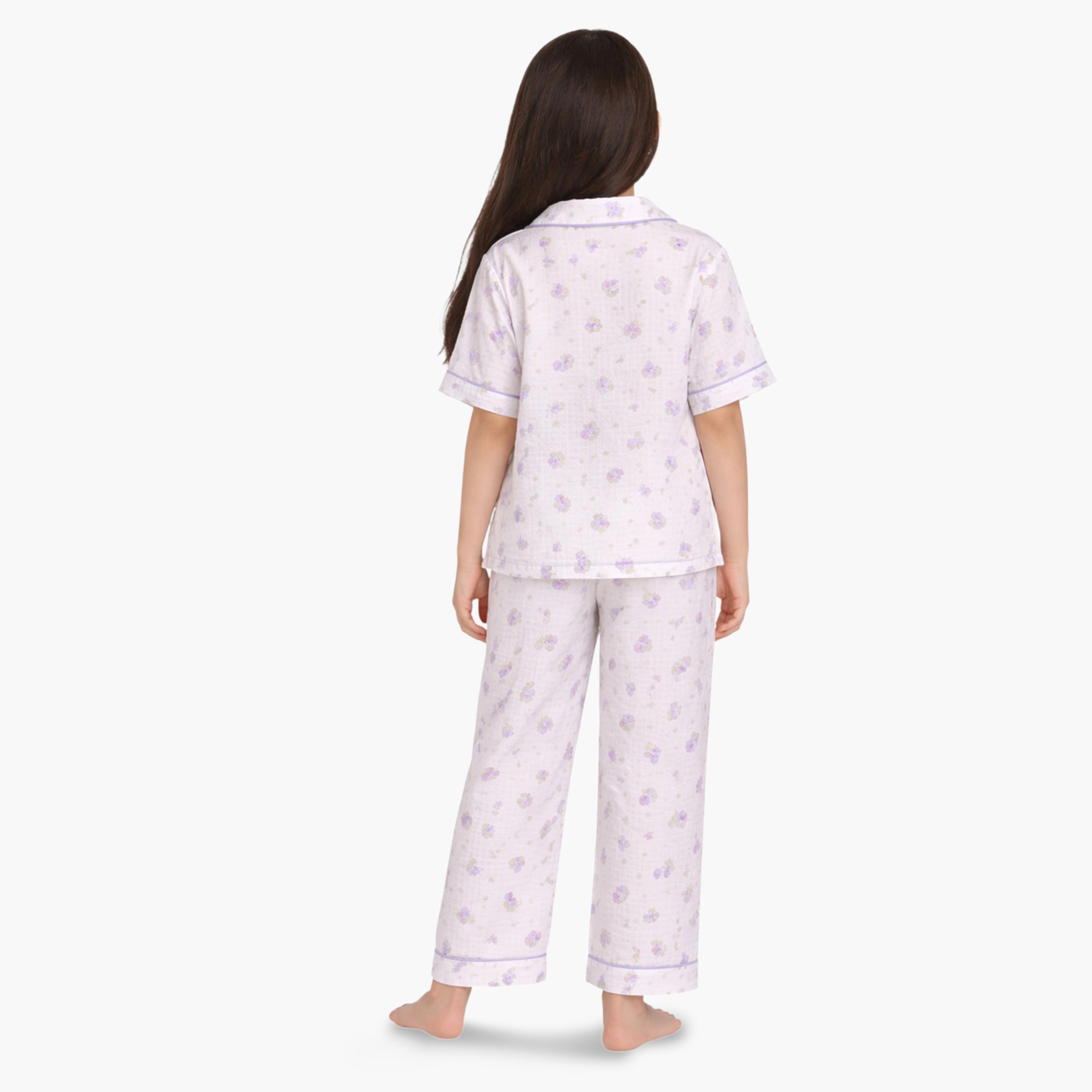 طقم بيجاما من بنطال وبلوزة قطن بنقشة زهور-girls-clothing-nightwear-image-2