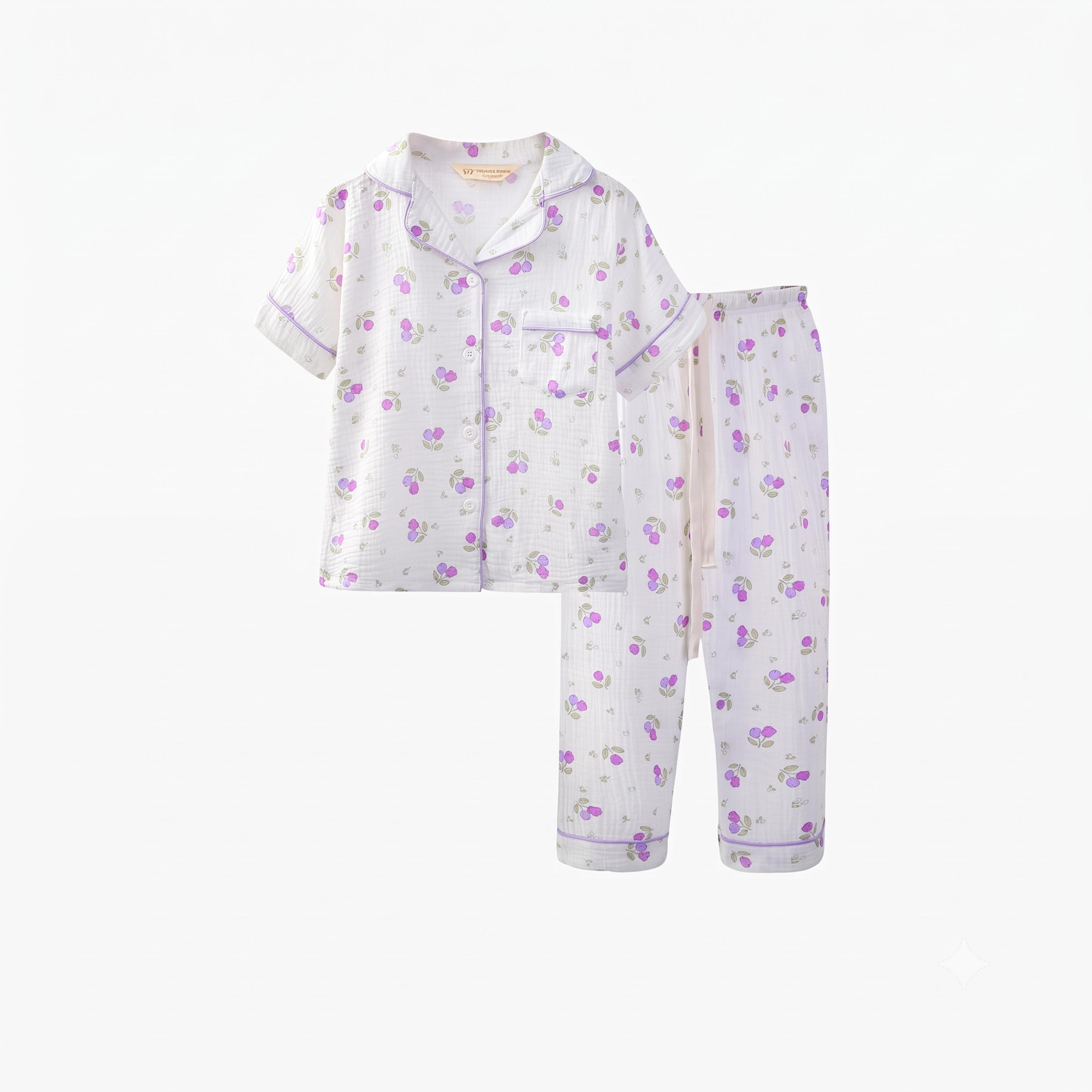 طقم بيجاما من بنطال وبلوزة قطن بنقشة زهور-girls-clothing-nightwear-image-3