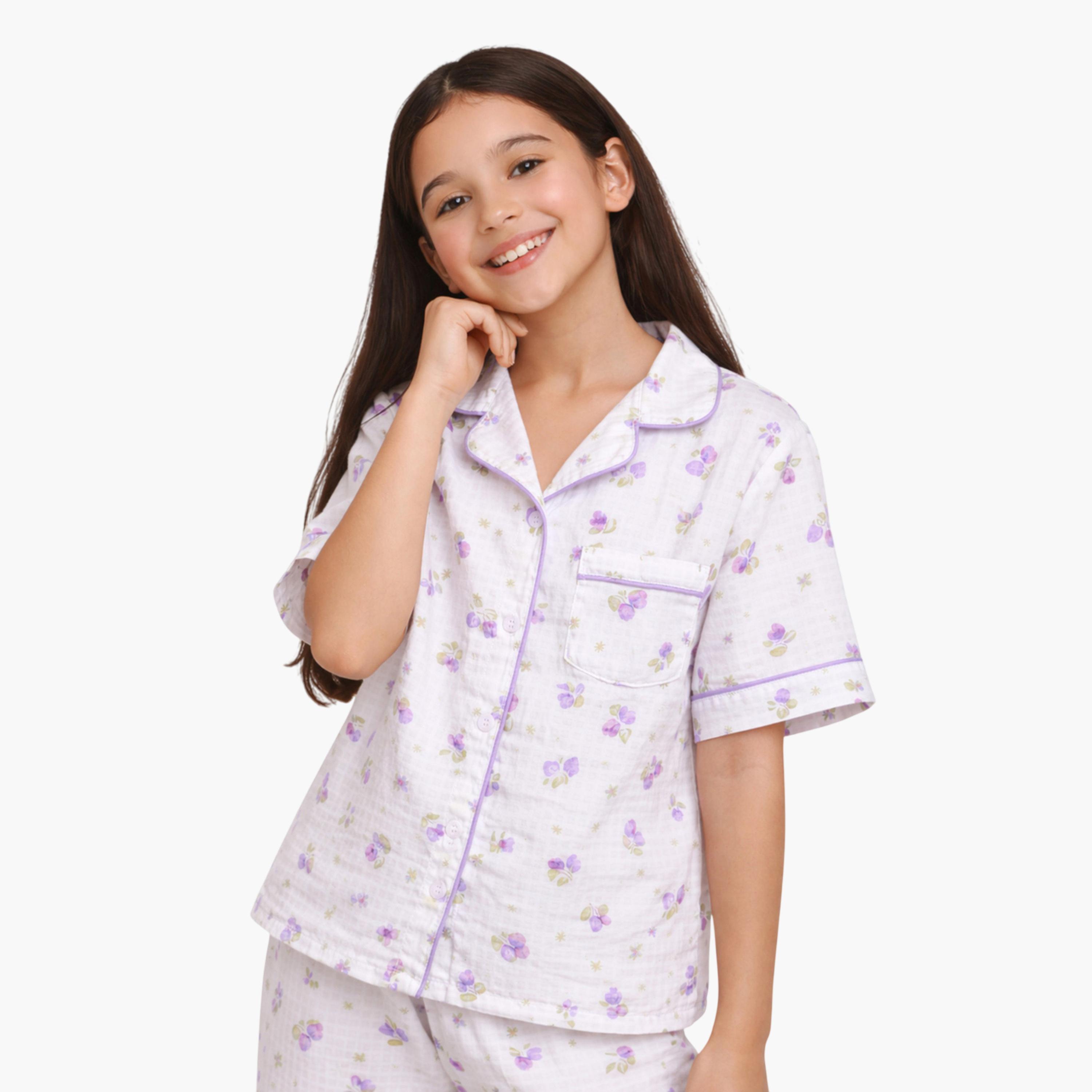 طقم بيجاما من بنطال وبلوزة قطن بنقشة زهور-girls-clothing-nightwear-image-4