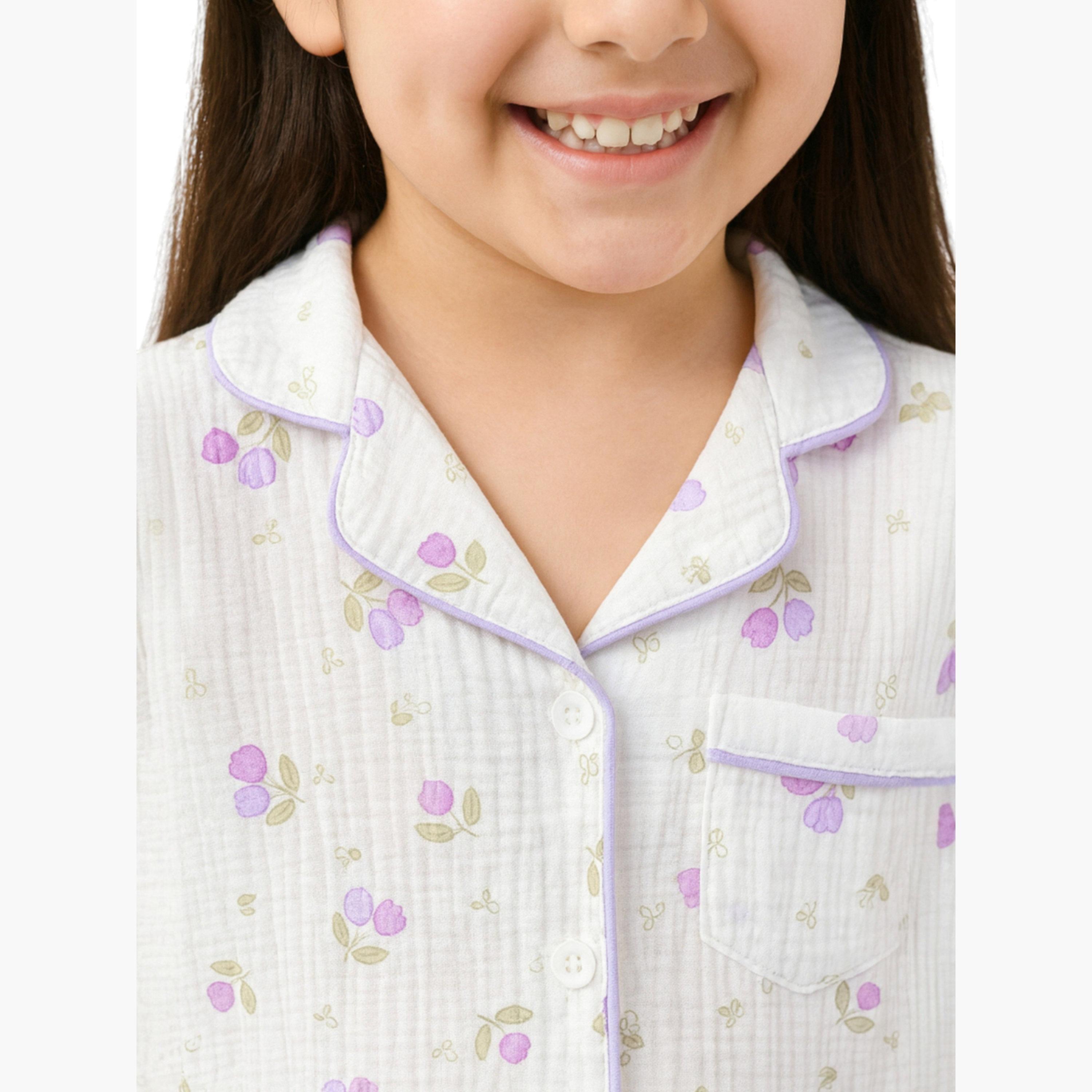 طقم بيجاما من بنطال وبلوزة قطن بنقشة زهور-girls-clothing-nightwear-image-6