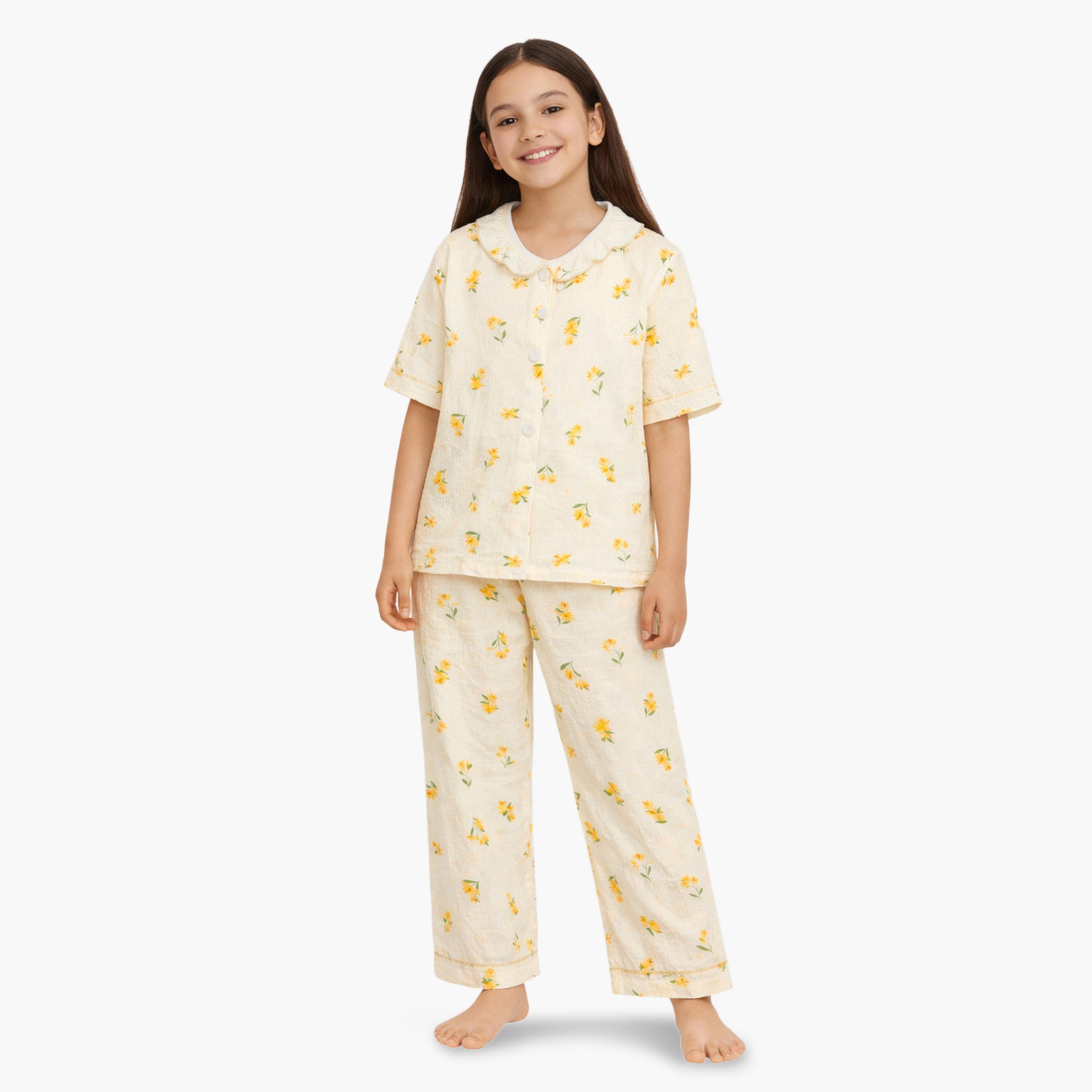 طقم بيجاما من بنطال وبلوزة قطن بنقشة زهور-girls-clothing-nightwear-image-1
