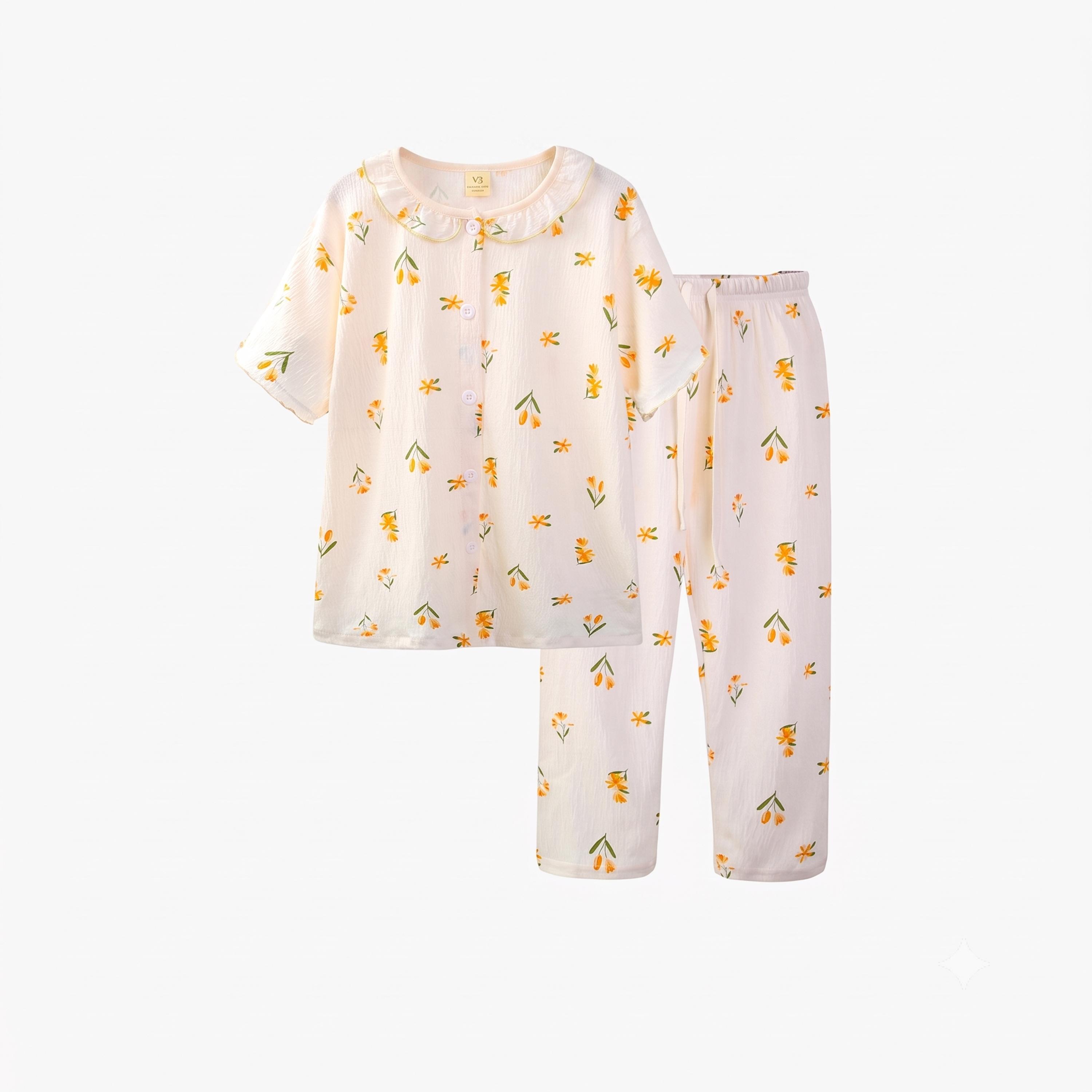 طقم بيجاما من بنطال وبلوزة قطن بنقشة زهور-girls-clothing-nightwear-image-2