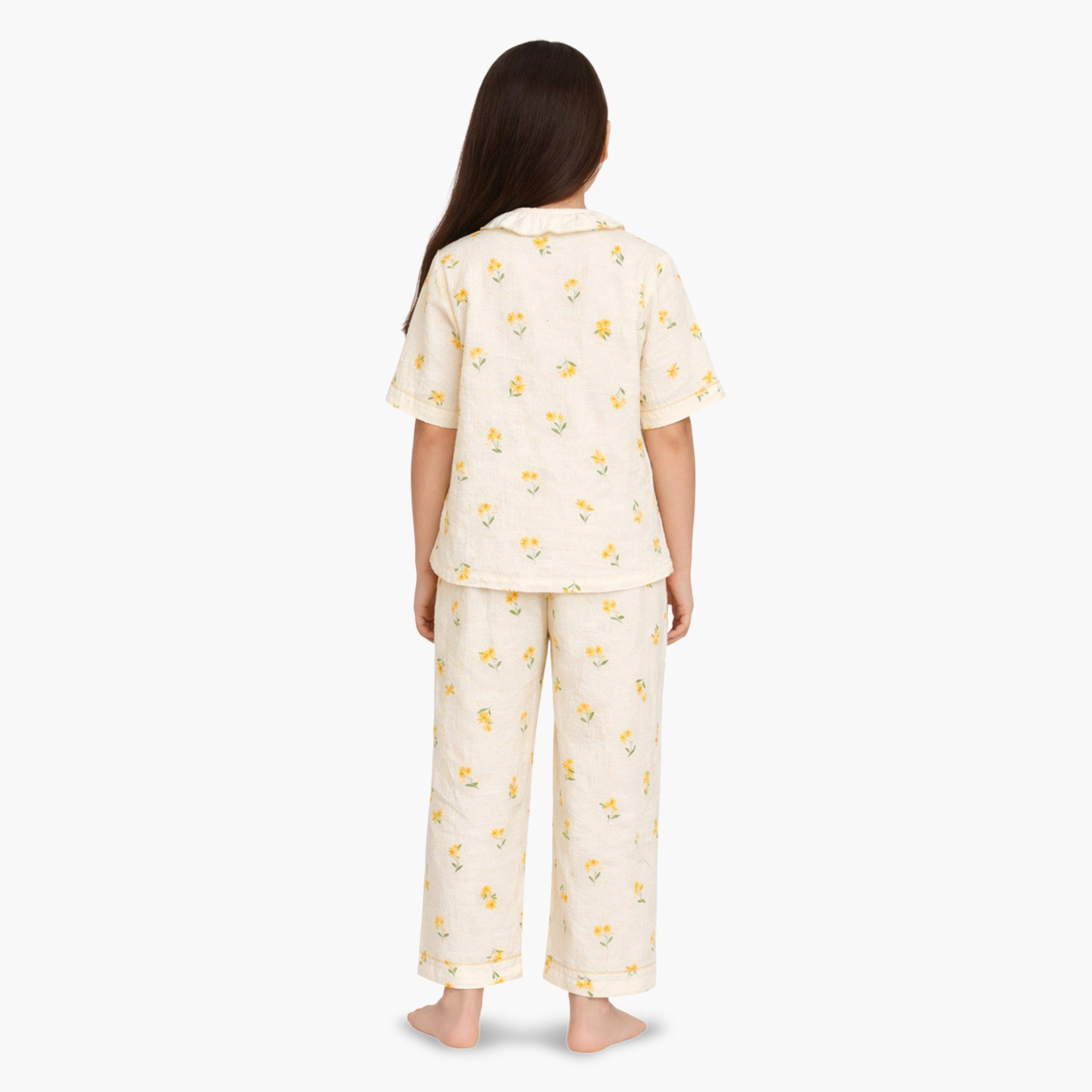 طقم بيجاما من بنطال وبلوزة قطن بنقشة زهور-girls-clothing-nightwear-image-3