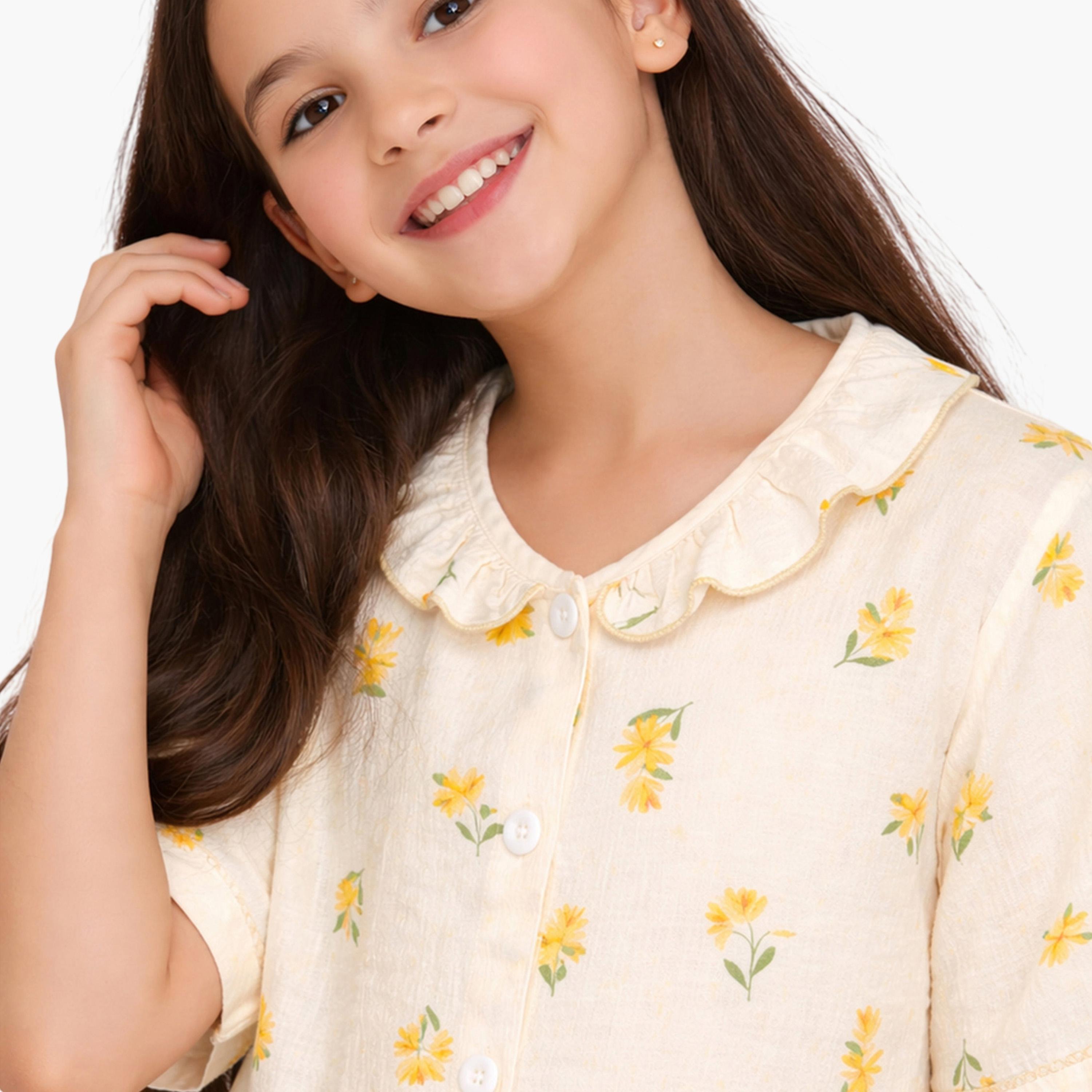 طقم بيجاما من بنطال وبلوزة قطن بنقشة زهور-girls-clothing-nightwear-image-5
