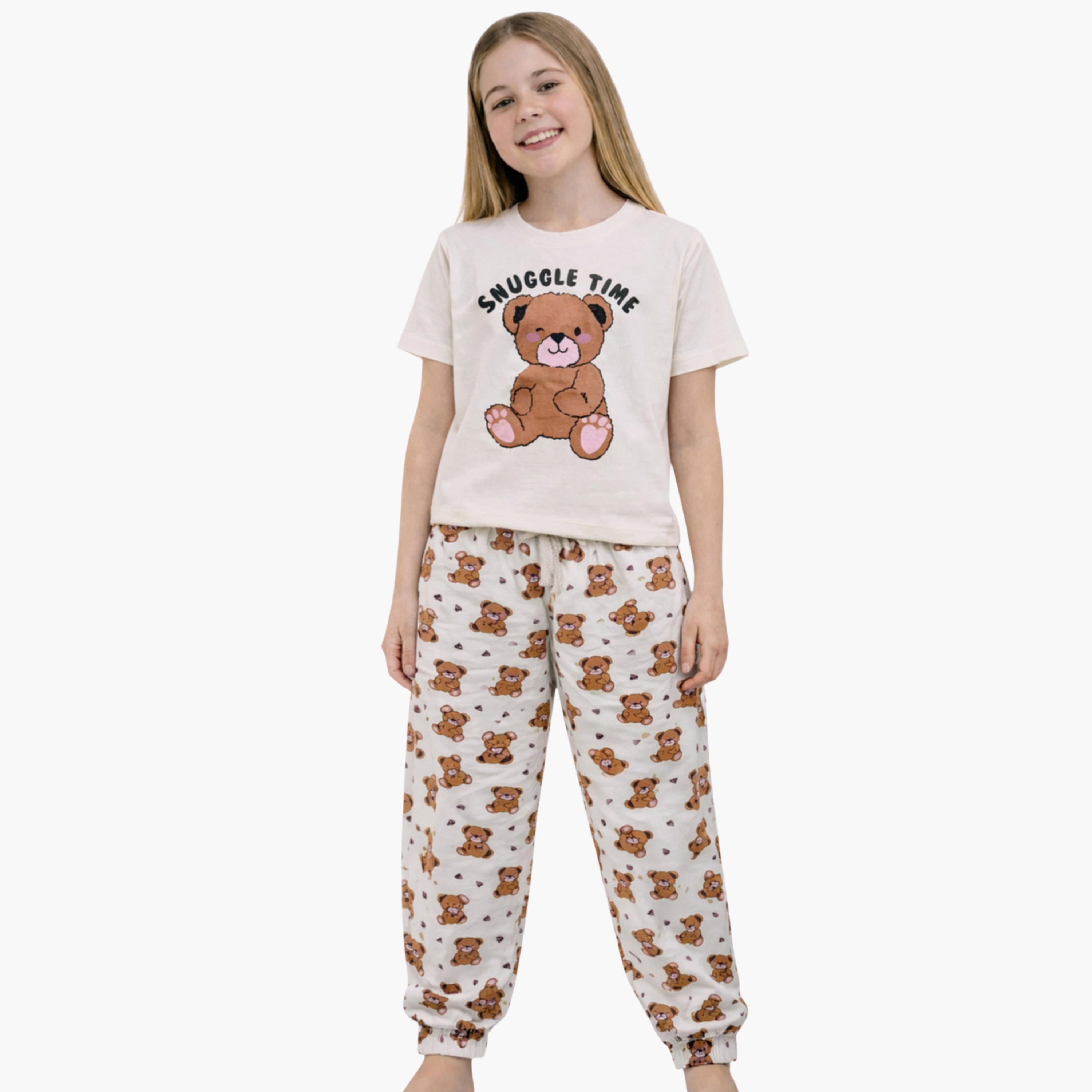 طقم بيجاما من بنطال بحافة مطوية وتيشيرت بطبعة-girls-clothing-nightwear-image-1