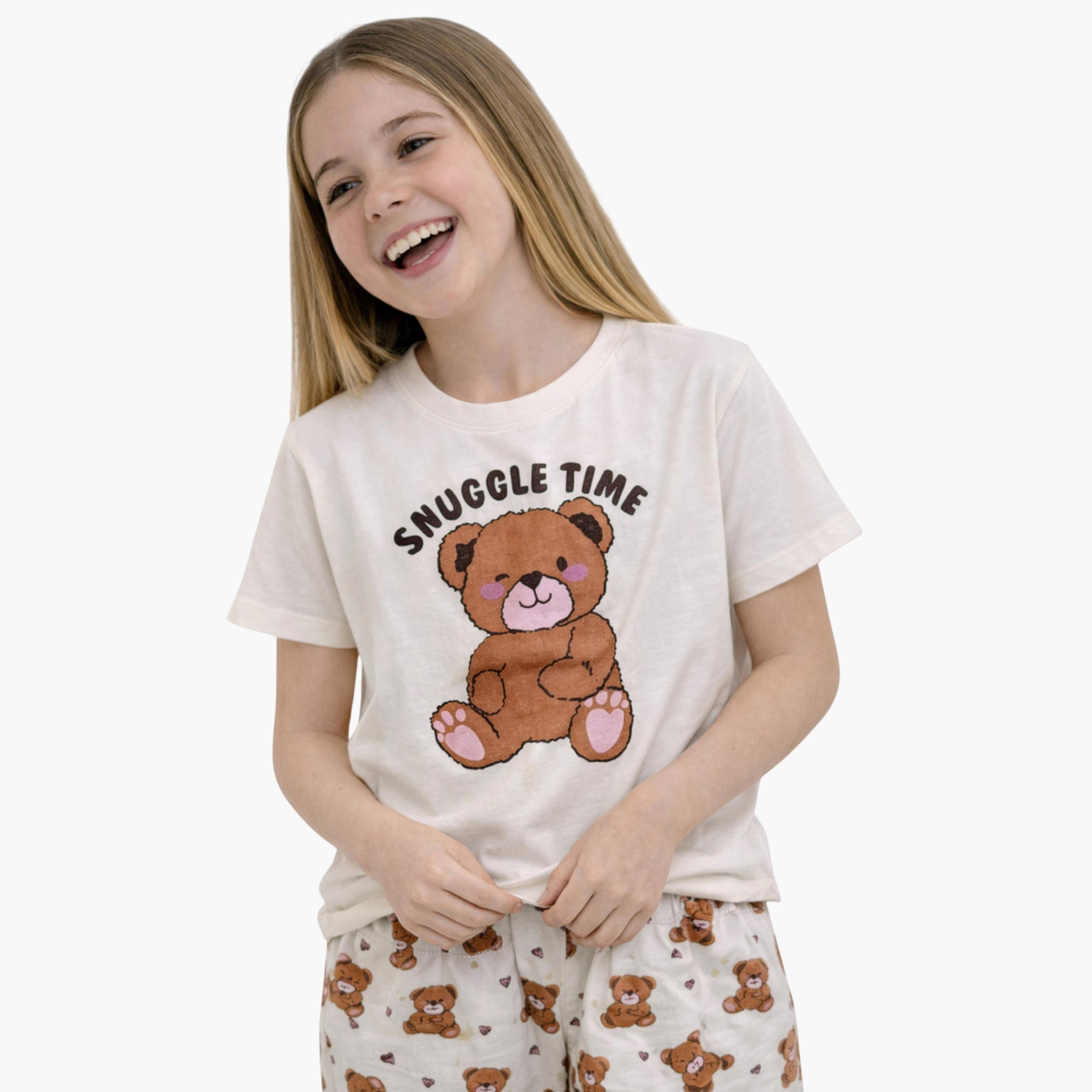 طقم بيجاما من بنطال بحافة مطوية وتيشيرت بطبعة-girls-clothing-nightwear-image-2