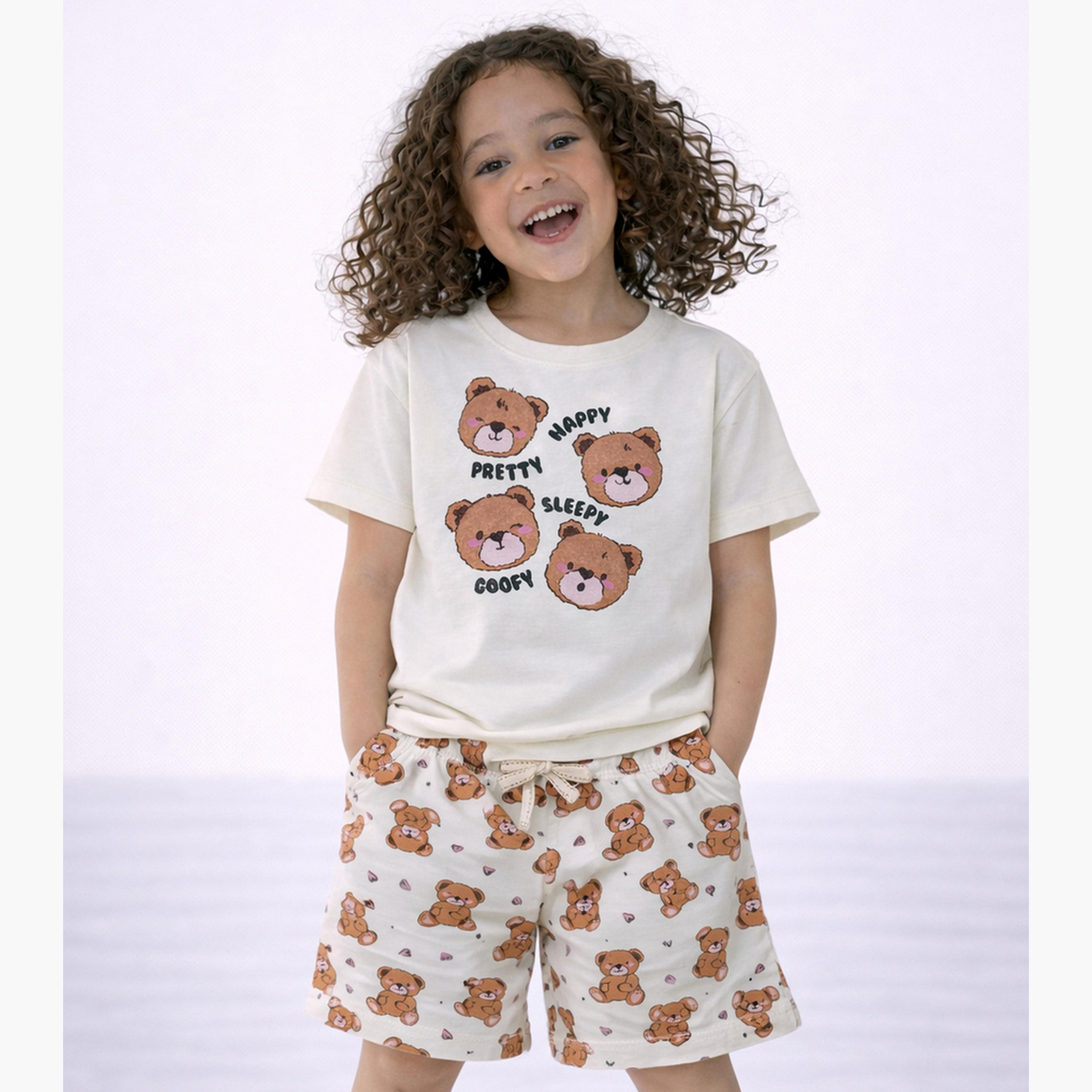 Victor and Jane X Styli Girls Teddy Graphic T-Shirt and Shorts Set-girls-clothing-nightwear-image-1