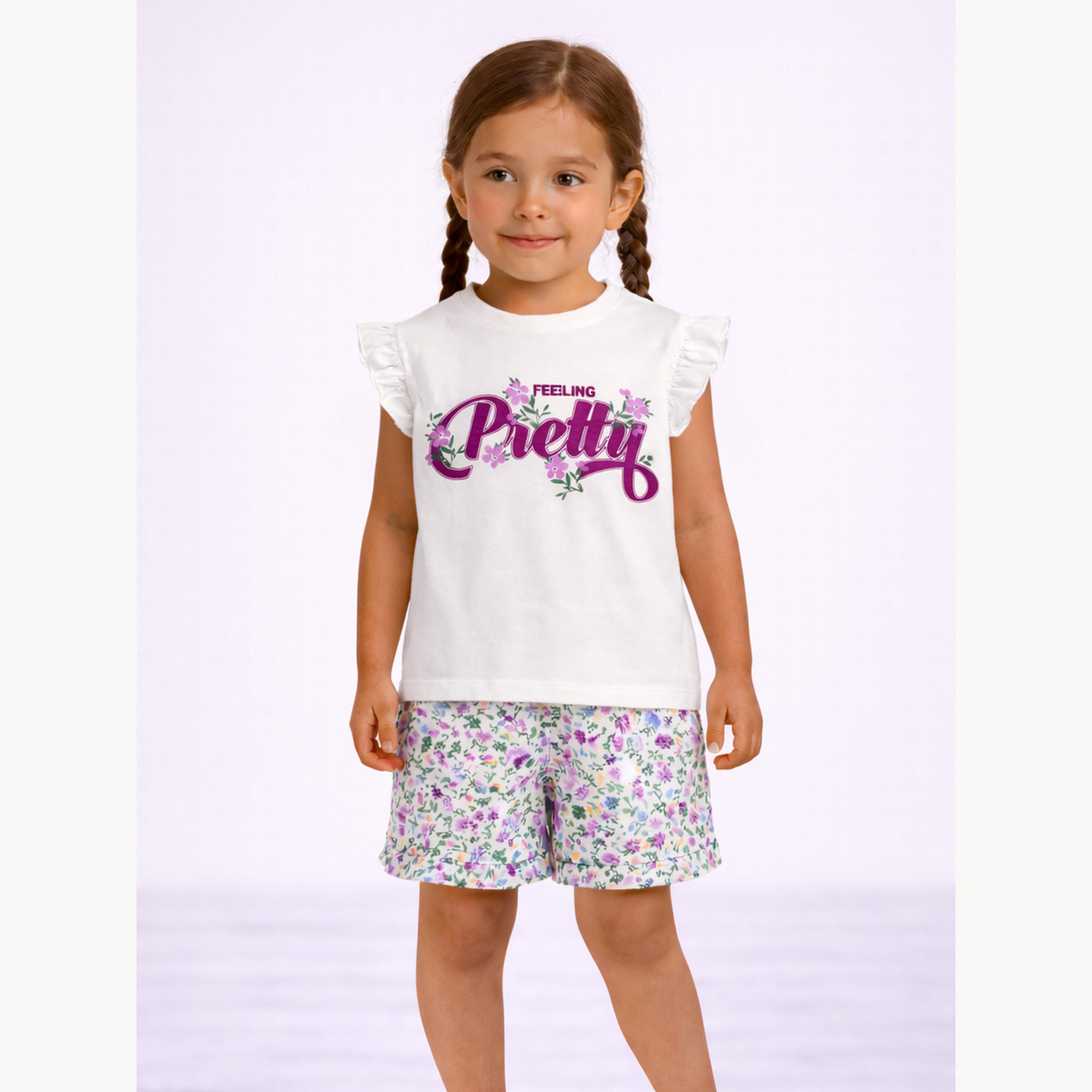 مجموعة من شورت بطبعة زهور وتيشيرت بأكمام كشكش-girls-clothing-nightwear-image-1
