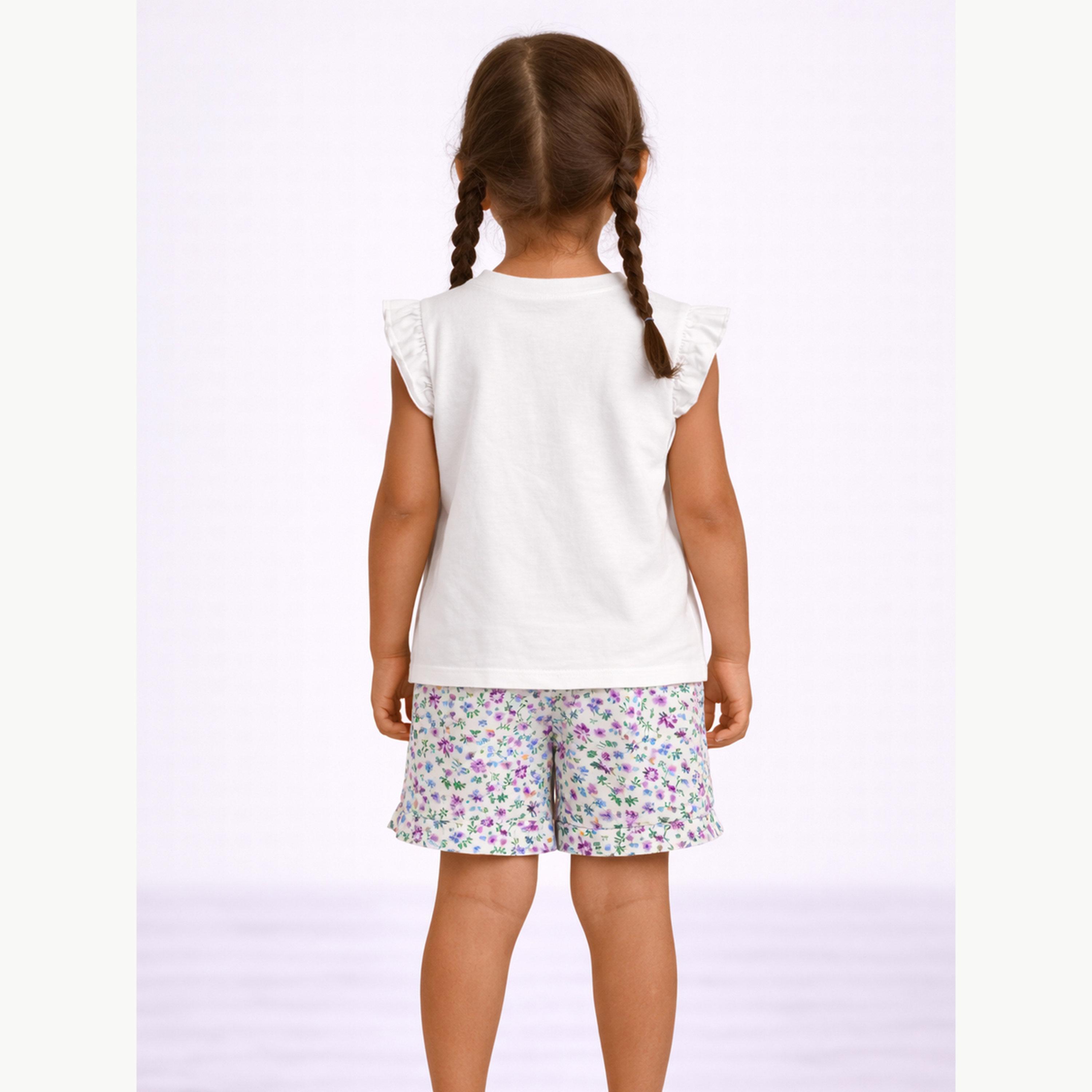 مجموعة من شورت بطبعة زهور وتيشيرت بأكمام كشكش-girls-clothing-nightwear-image-3