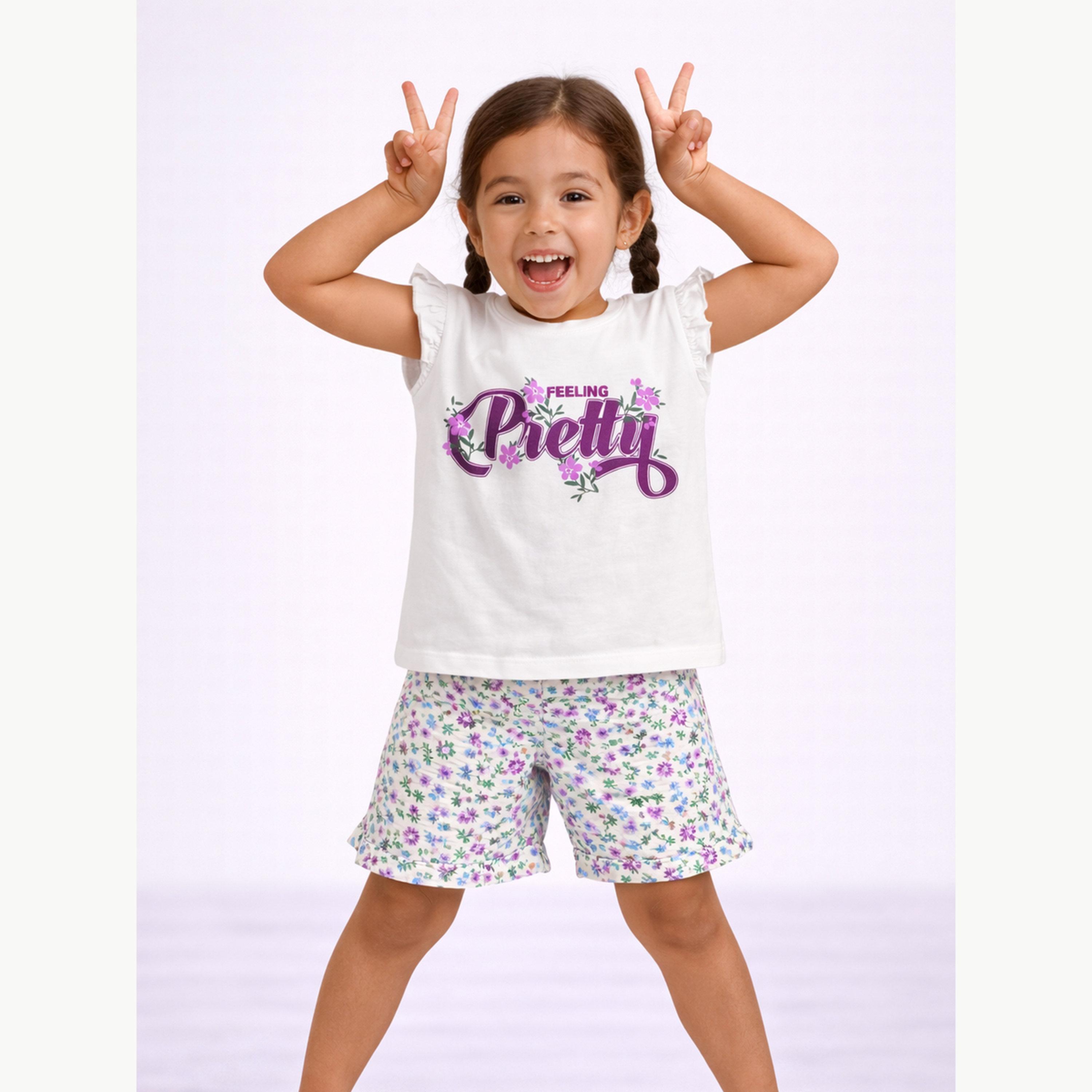 مجموعة من شورت بطبعة زهور وتيشيرت بأكمام كشكش-girls-clothing-nightwear-image-4