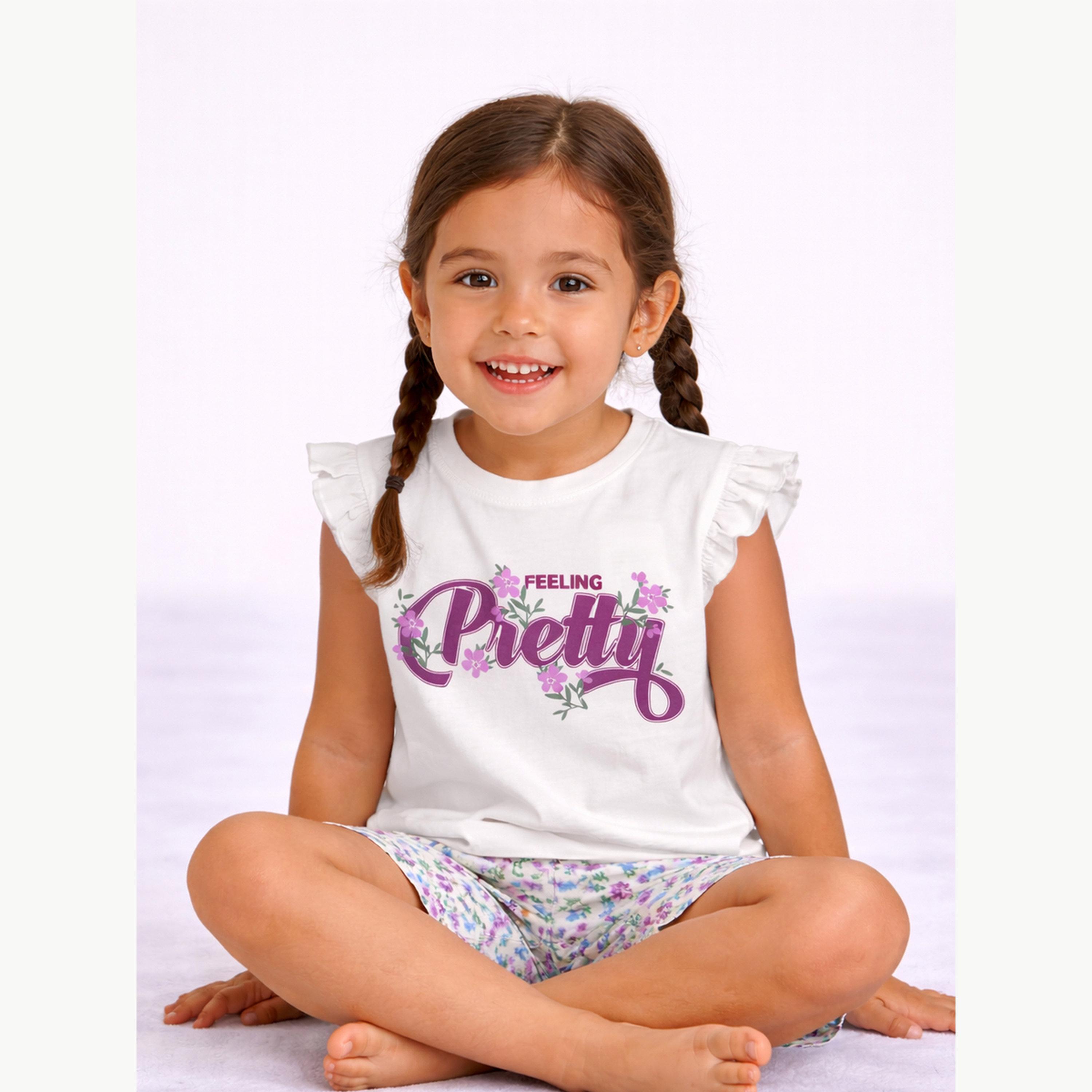 مجموعة من شورت بطبعة زهور وتيشيرت بأكمام كشكش-girls-clothing-nightwear-image-5