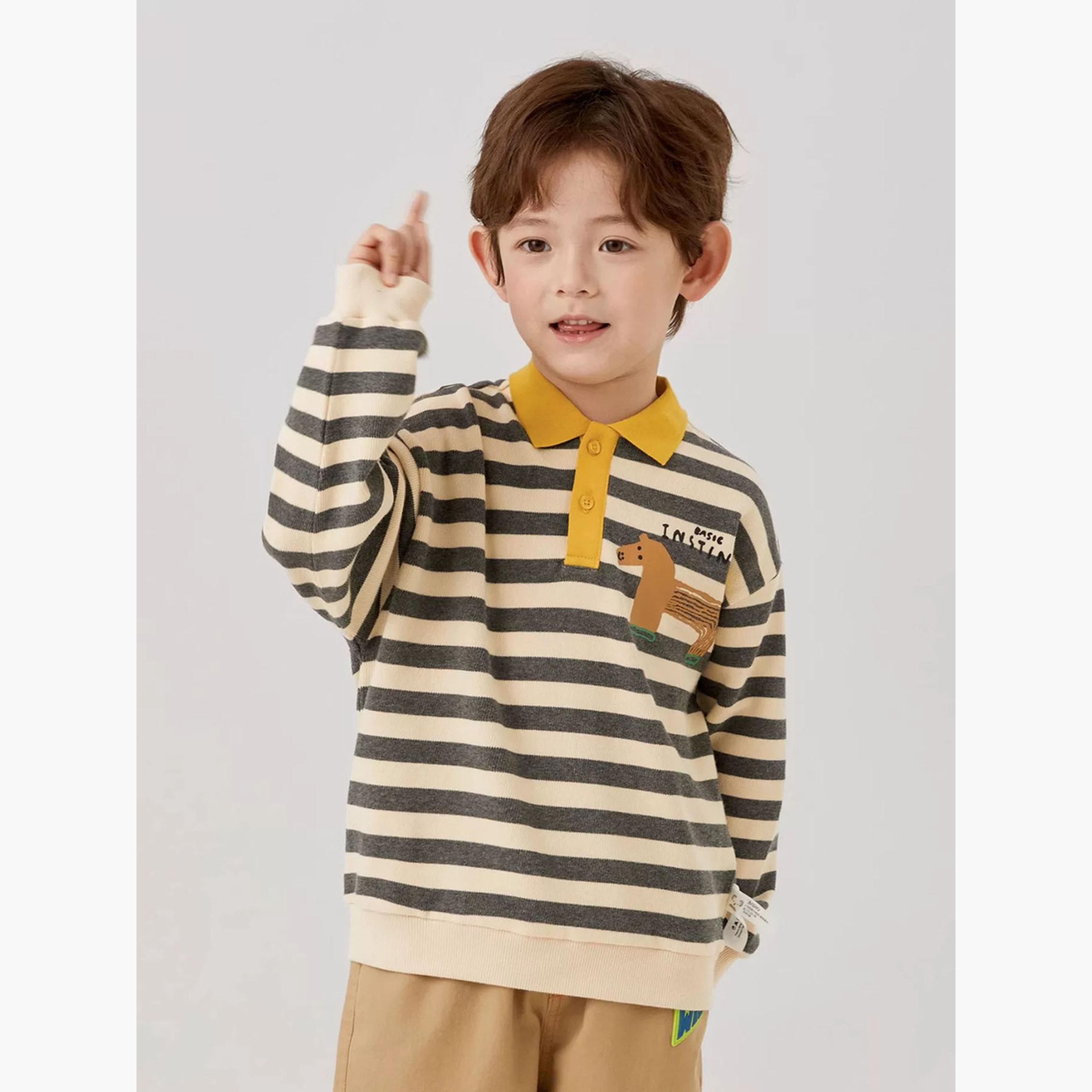 تيشيرت بولو مقلم بأكمام طويلة وتفاصيل حصان للأطفال-boys-clothing-tshirtsandpolos-image-1