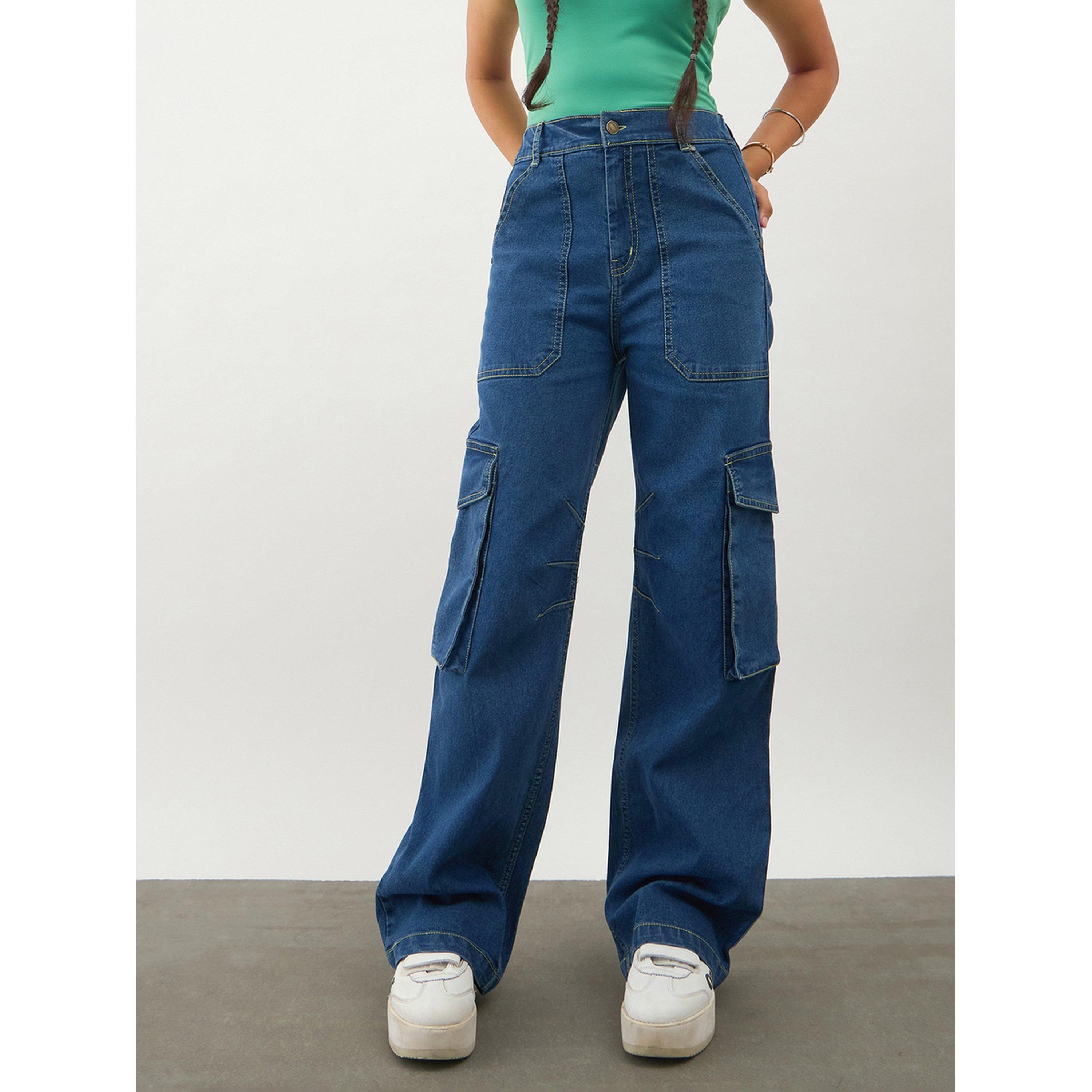 جينز كارجو دنيم بتفاصيل درزات متباينة وجيوب باللون الكحلي-girls-clothing-bottoms-jeansandjeggings-image-1