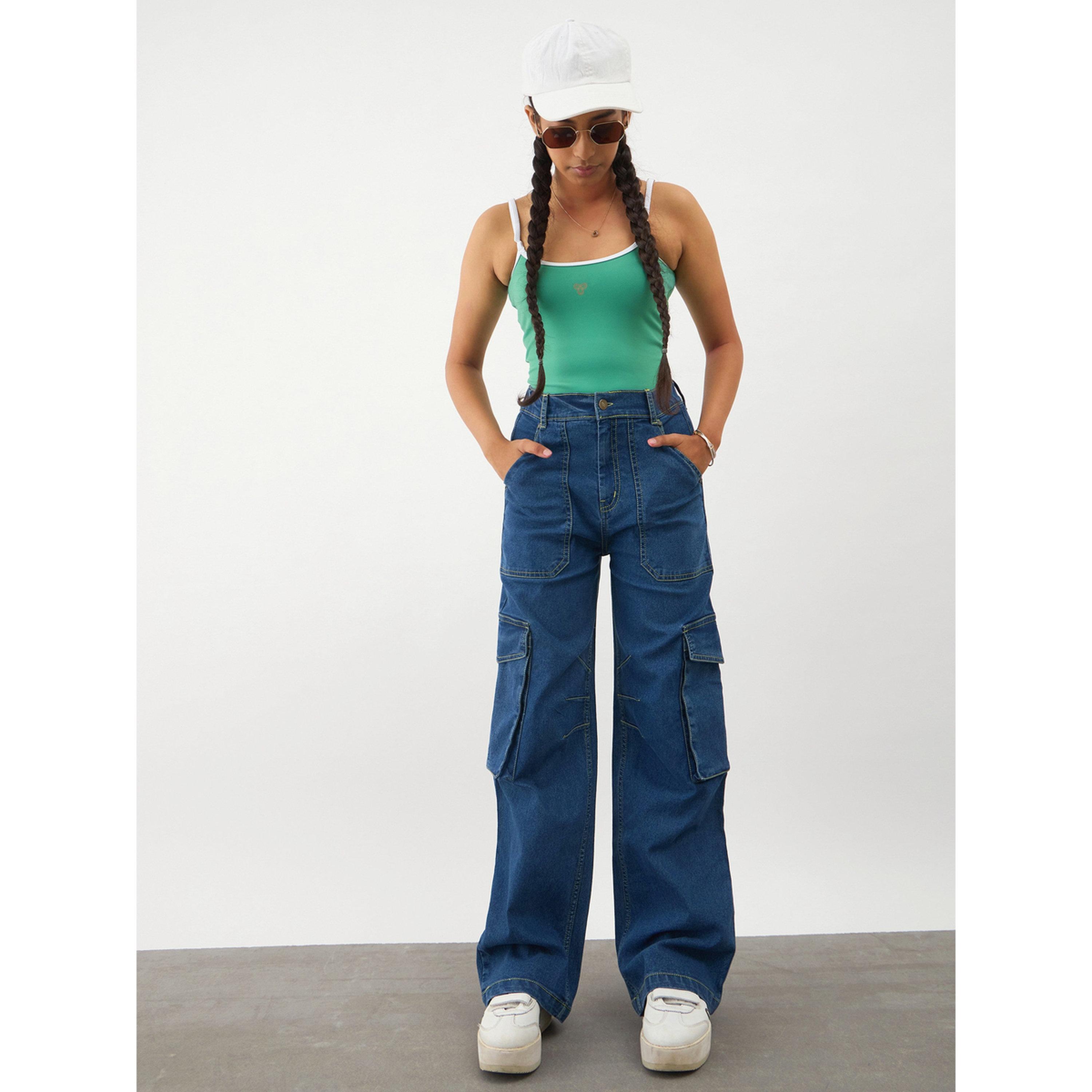 جينز كارجو دنيم بتفاصيل درزات متباينة وجيوب باللون الكحلي-girls-clothing-bottoms-jeansandjeggings-image-2