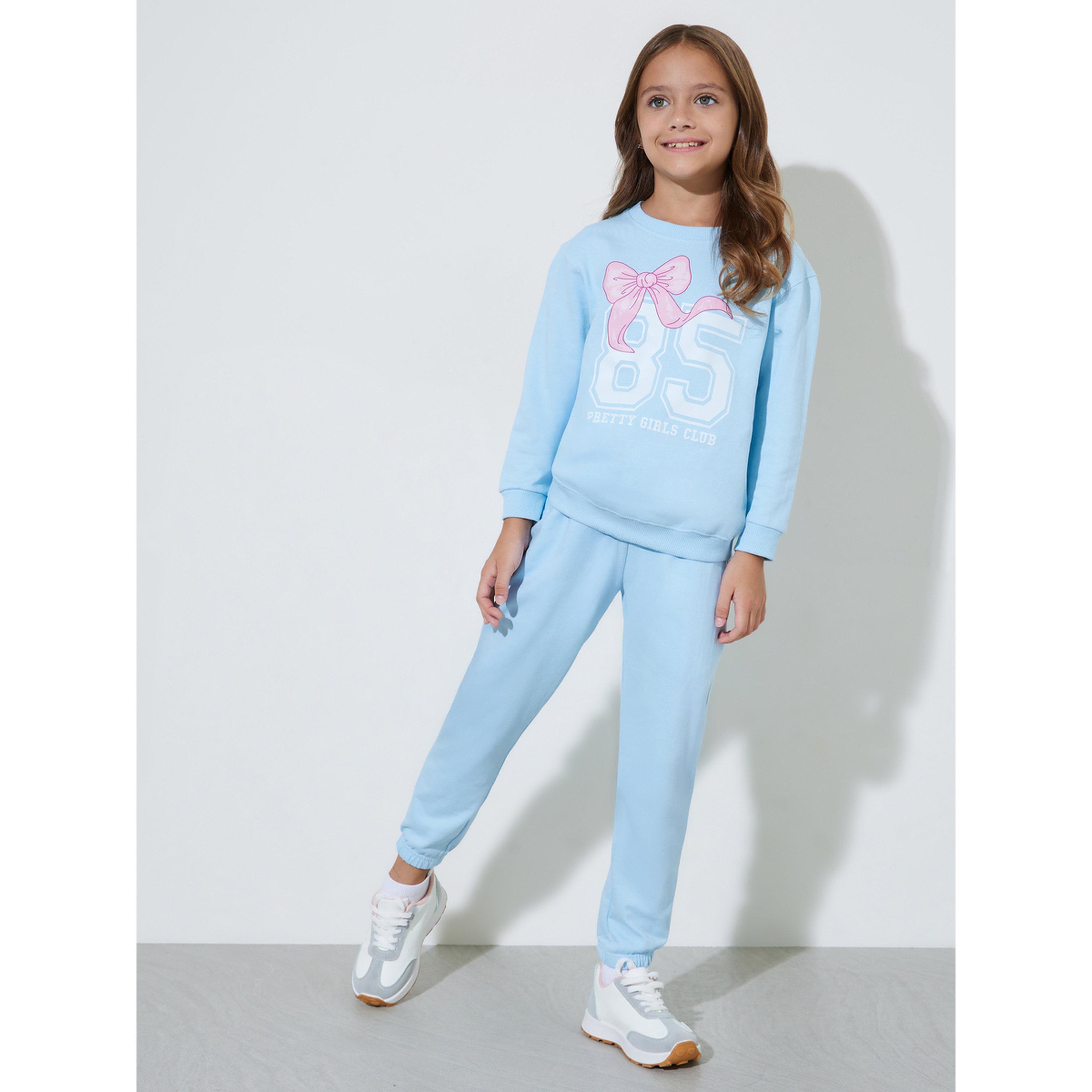 طقم من جوغر بحافة مطوية وسويت شيرت بأكمام طويلة وطبعة جرافيك باللون الأزرق للبنات-girls-clothing-setsandcoords-image-1