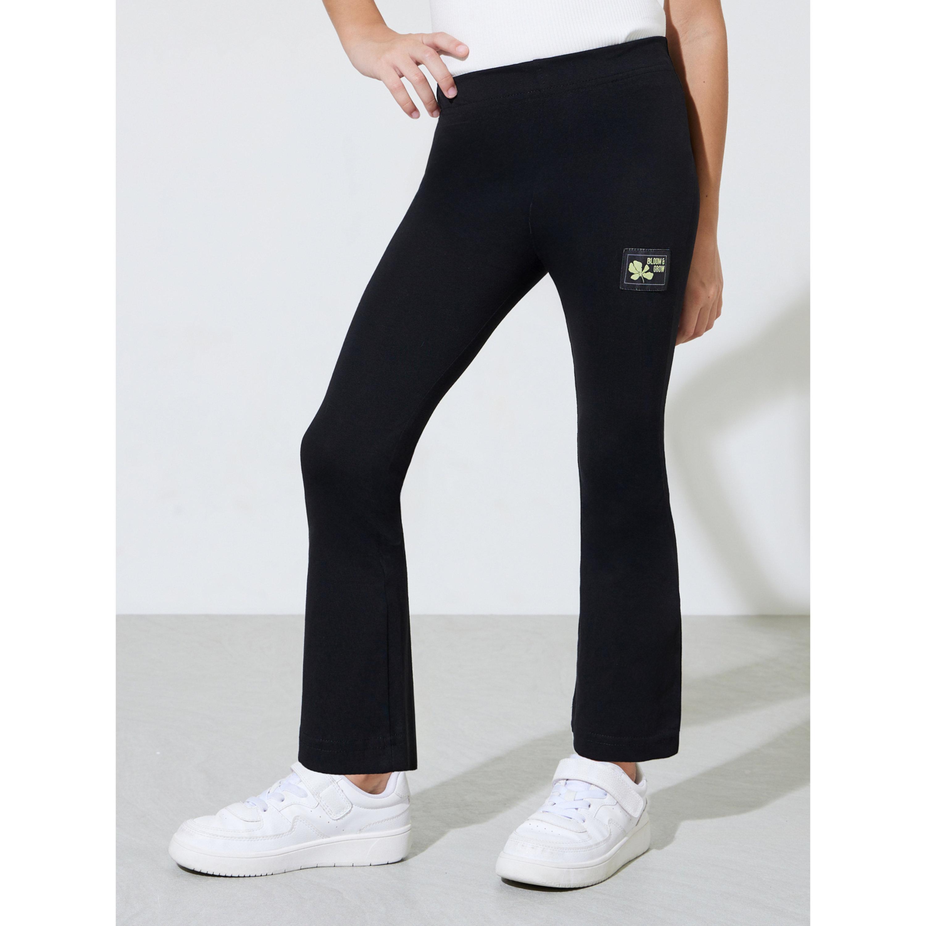 ليقنز سادة بطول كامل بحافة واسعة وتفاصيل رقع للبنات باللون الأسود-girls-clothing-bottoms-leggings-image-1