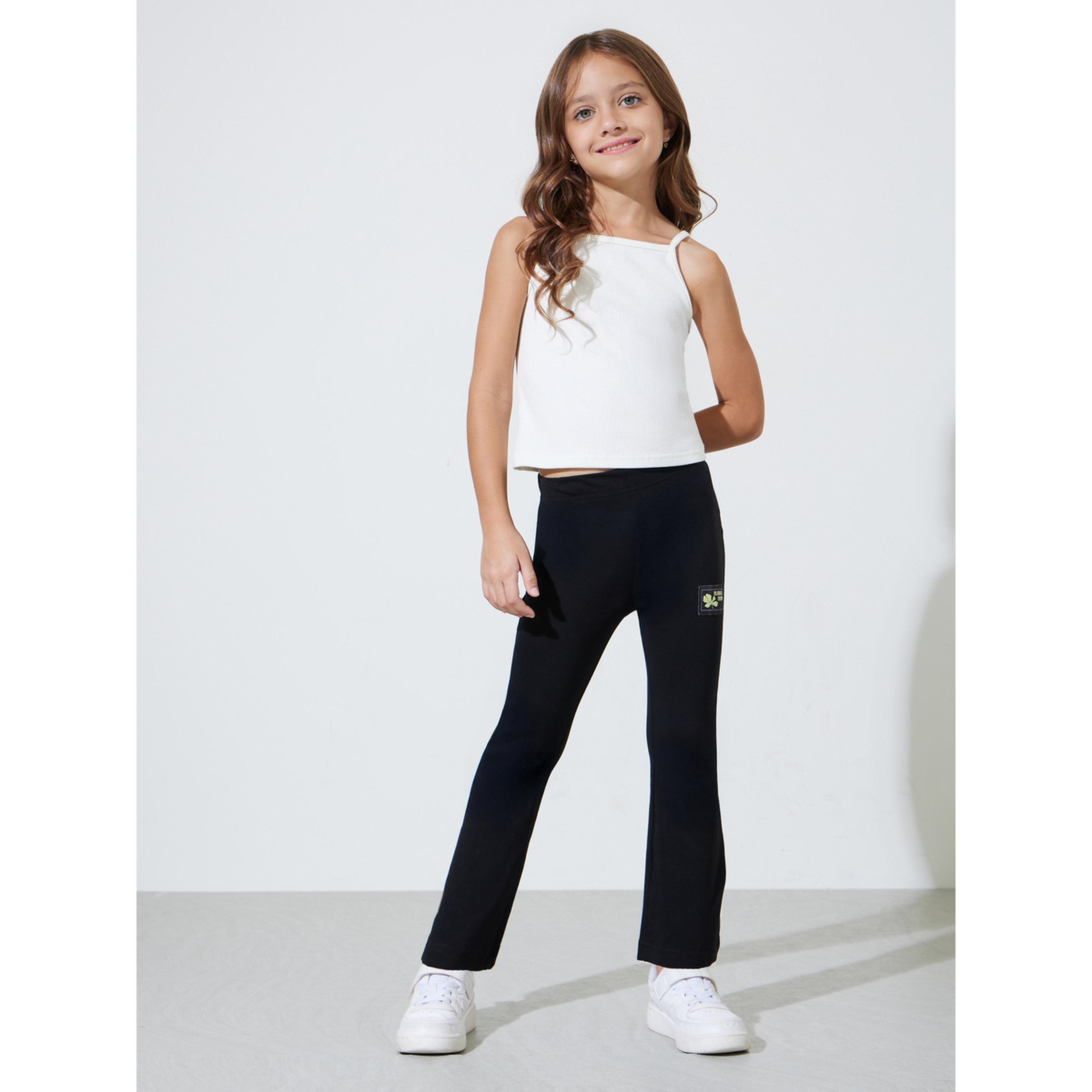 ليقنز سادة بطول كامل بحافة واسعة وتفاصيل رقع للبنات باللون الأسود-girls-clothing-bottoms-leggings-image-2