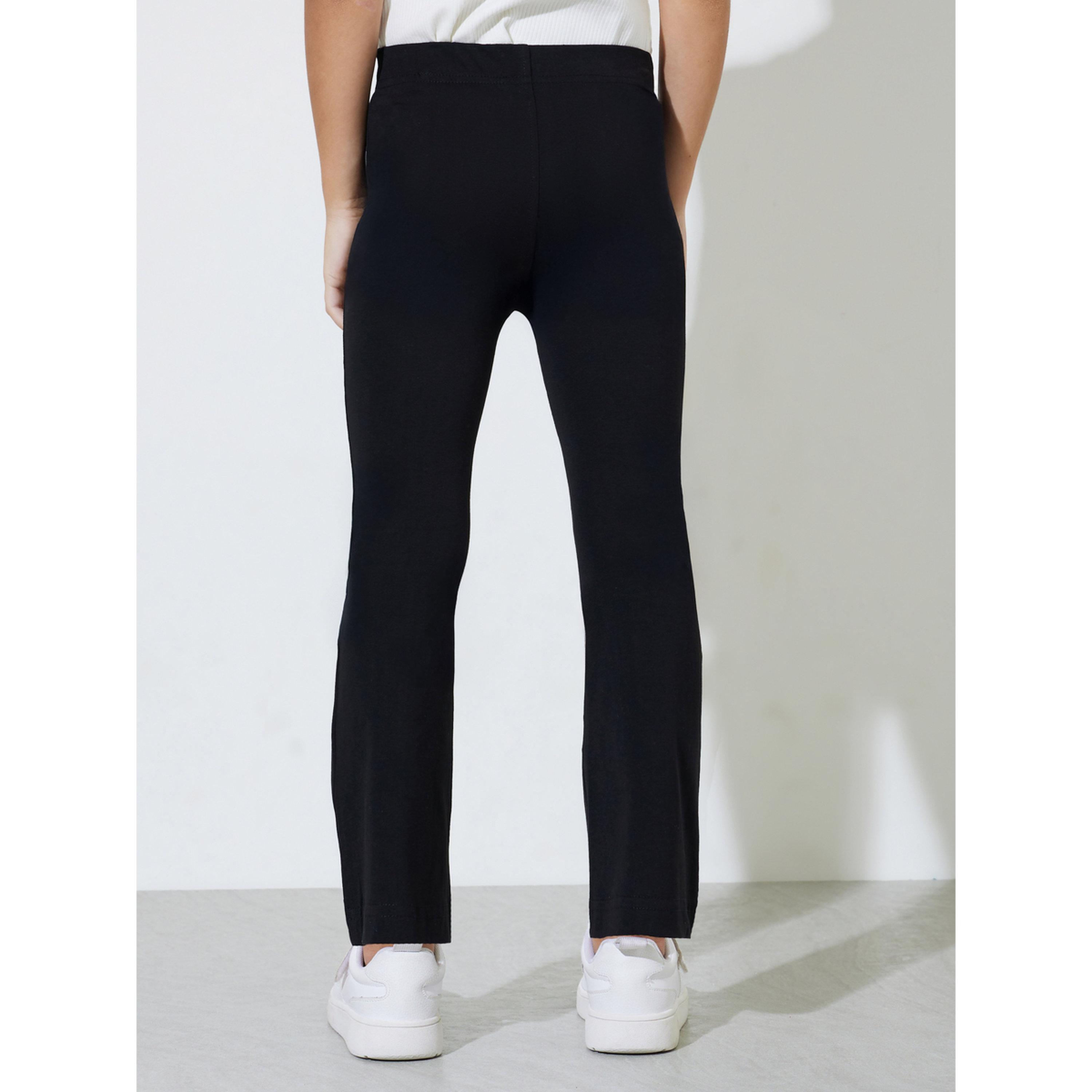 ليقنز سادة بطول كامل بحافة واسعة وتفاصيل رقع للبنات باللون الأسود-girls-clothing-bottoms-leggings-image-4