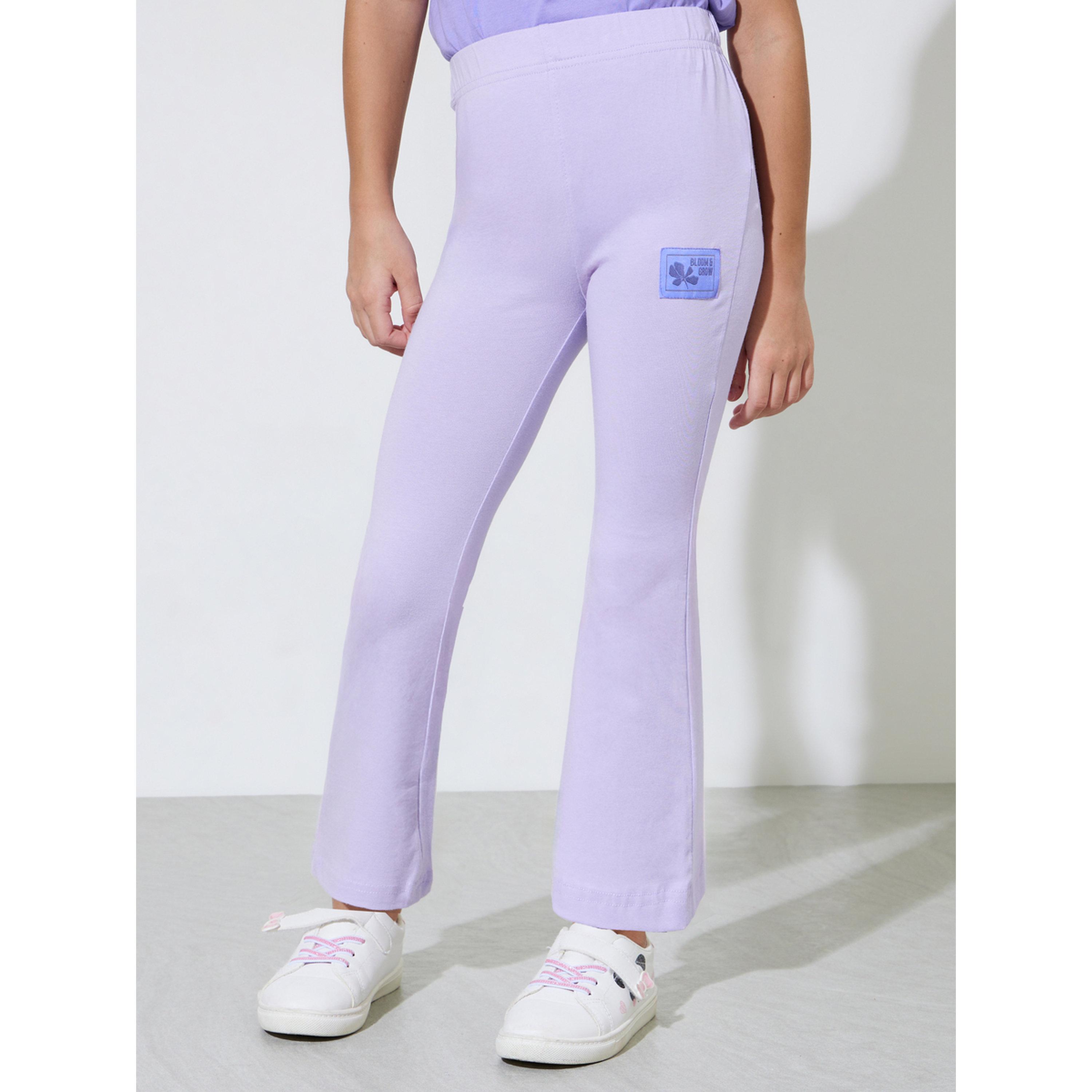 ليقنز سادة بطول كامل بحافة واسعة وتفاصيل رقع للبنات باللون اللافندر-girls-clothing-bottoms-leggings-image-1