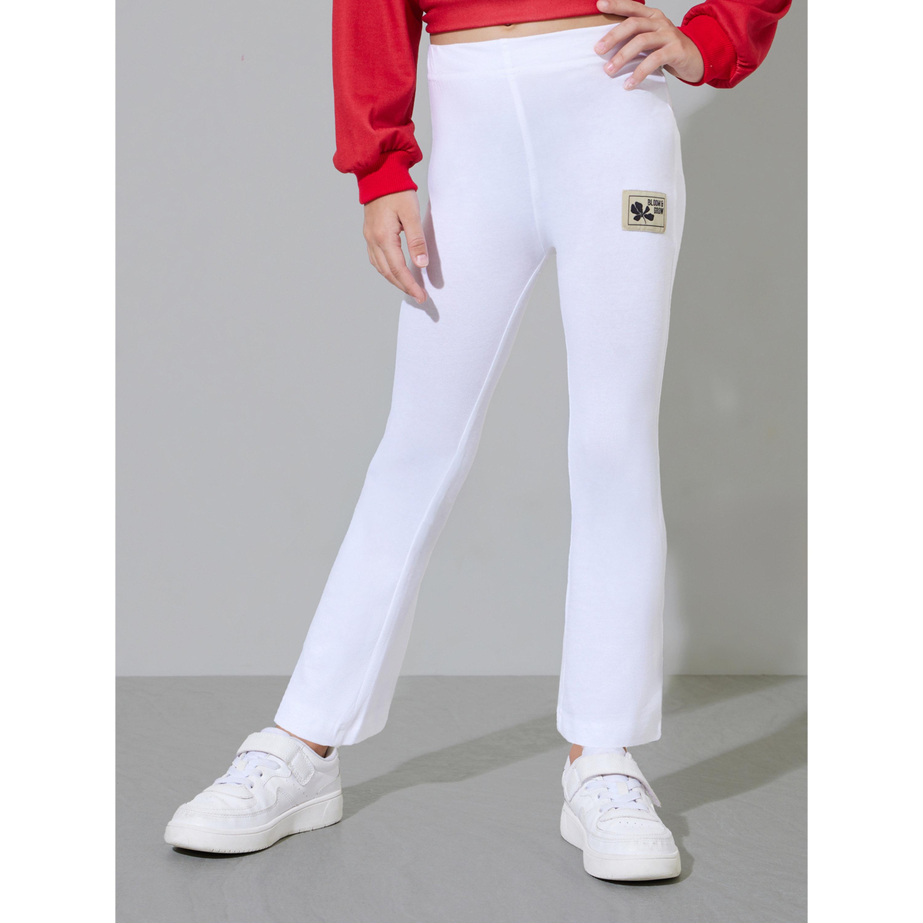 ليقنز سادة بطول كامل بحافة واسعة وتفاصيل رقع للبنات باللون أوف وايت-girls-clothing-bottoms-leggings-image-1